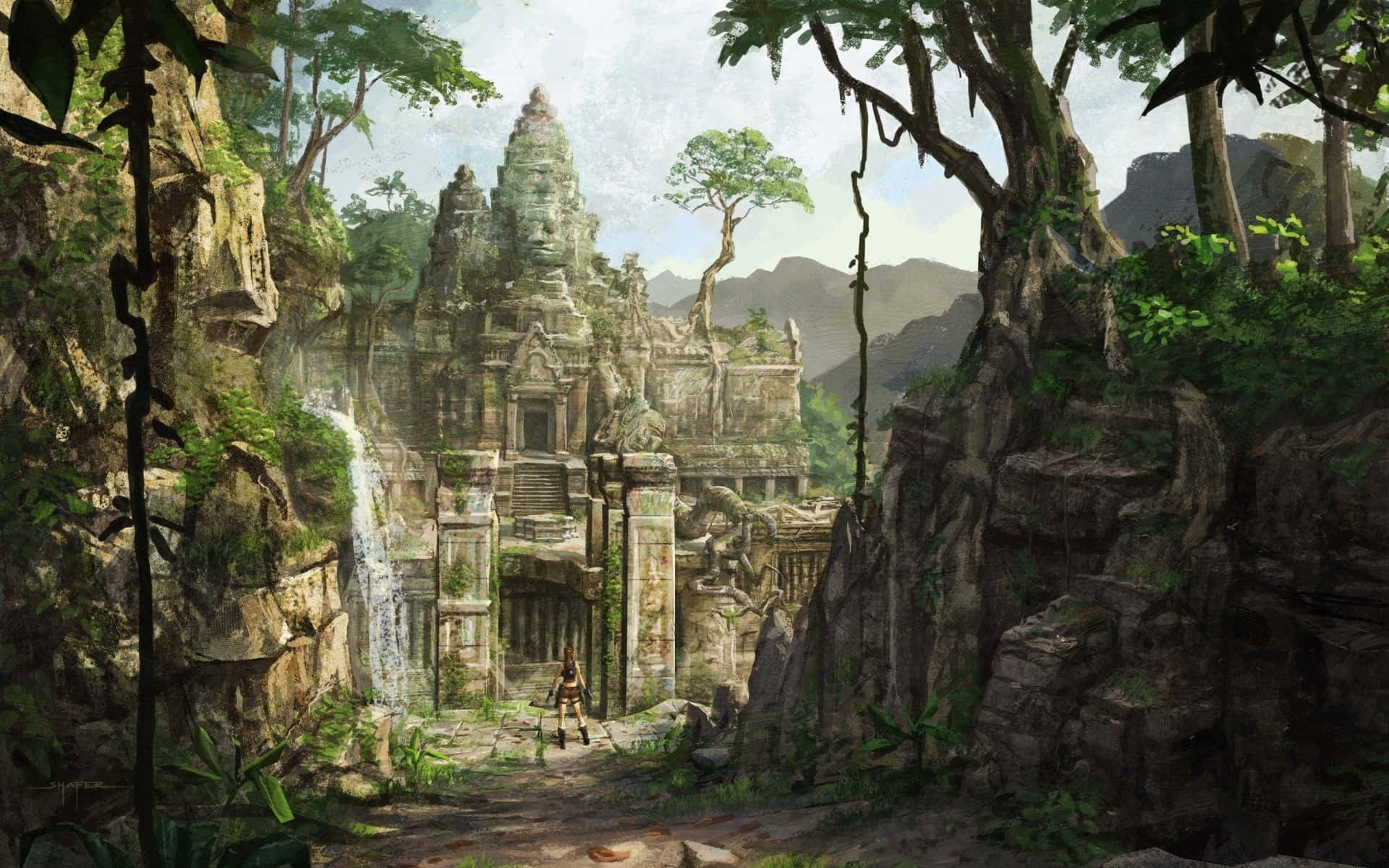 令人沉醉的寺廟避世之旅 壁紙 — 一位孤獨的冒險家站在一座古老石廟前，廟宇坐落於茂密的叢林中，附近有瀑布傾瀉而下。