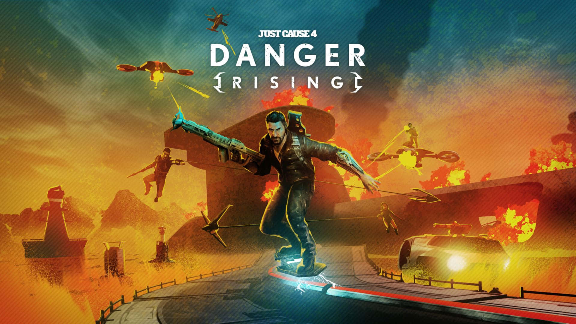 令人興奮的《Just Cause 4》遊戲背景 壁紙 — 一個男人騎著發光的懸浮滑板穿過熾熱的戰場，爆炸四起，敵人從四面八方攻擊。