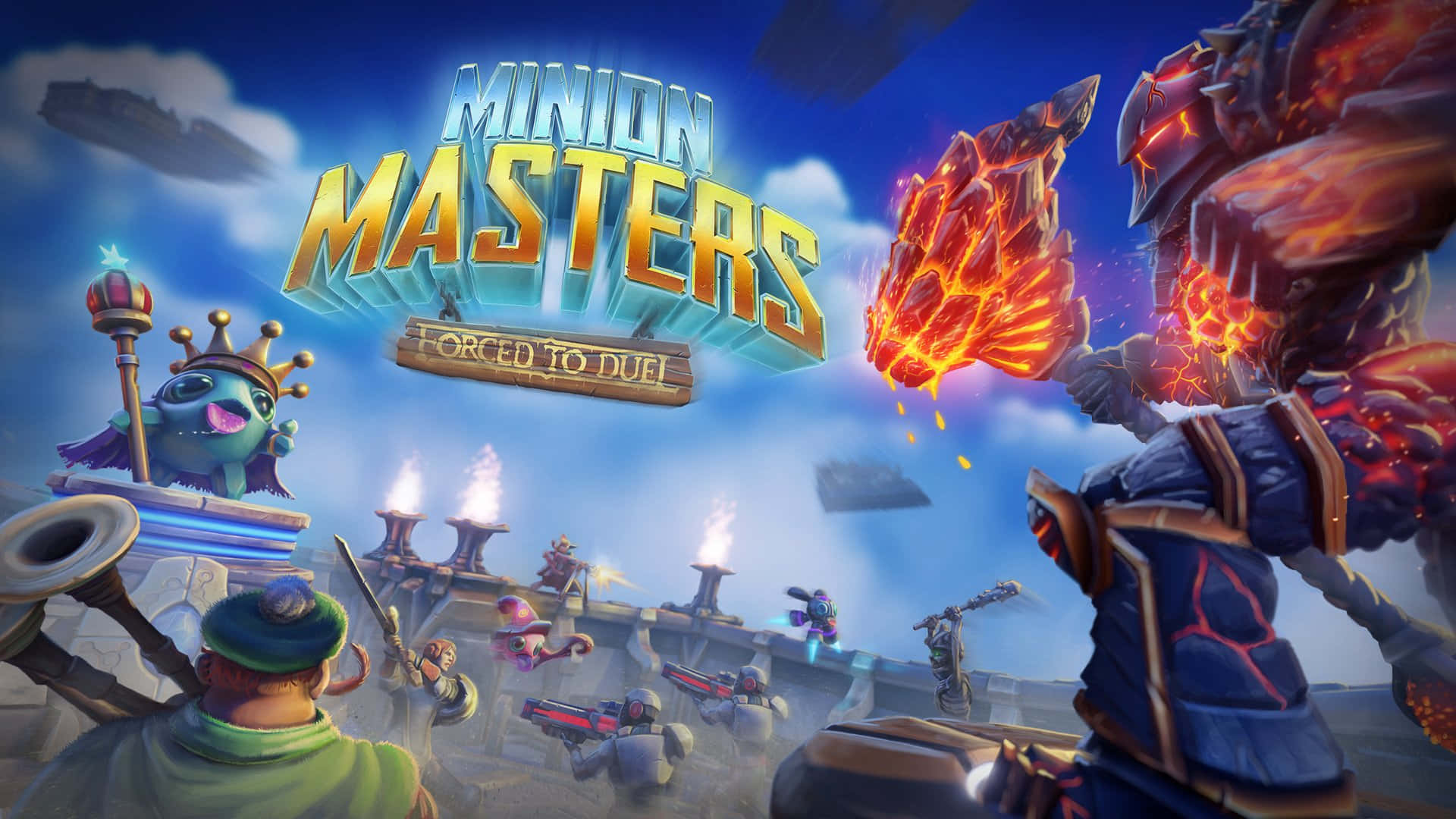 令人興奮的 MOBA 遊戲戰鬥場景 壁紙 — 充滿活力的奇幻遊戲場景，卡通風格的小兵在明亮的天空下使用火焰魔法和古怪角色戰鬥。