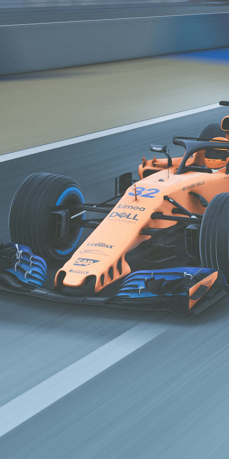 橙色和藍色的F1賽車在賽道上疾馳，帶有動態模糊。