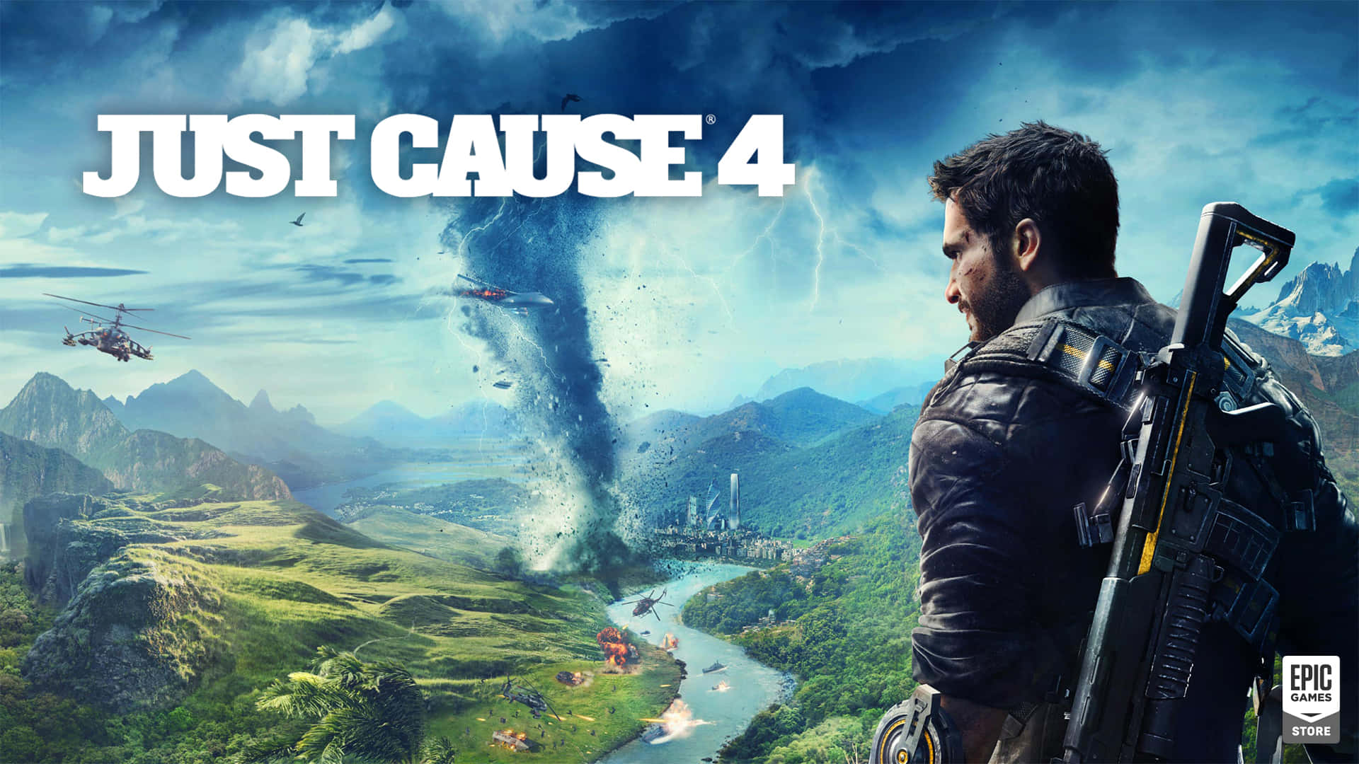 令人著迷的 1920x1080 Just Cause 4 背景 壁紙 — 一個粗獷的男人拿著步槍俯瞰混亂的山谷，巨大的龍捲風在暴風雨的天空下撕裂城市。