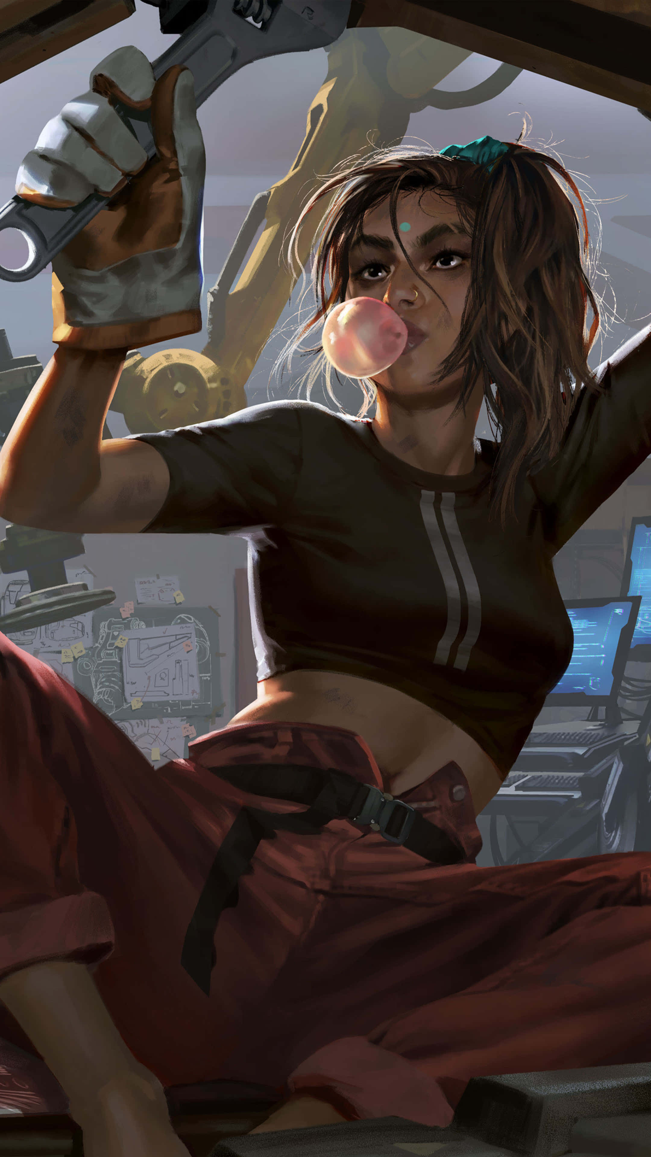 令人著迷的 Pixel 3 Apex Legends 壁紙 — 一位自信的年輕女子在工場中一邊吹泡泡糖，一邊在空中拿著扳手。