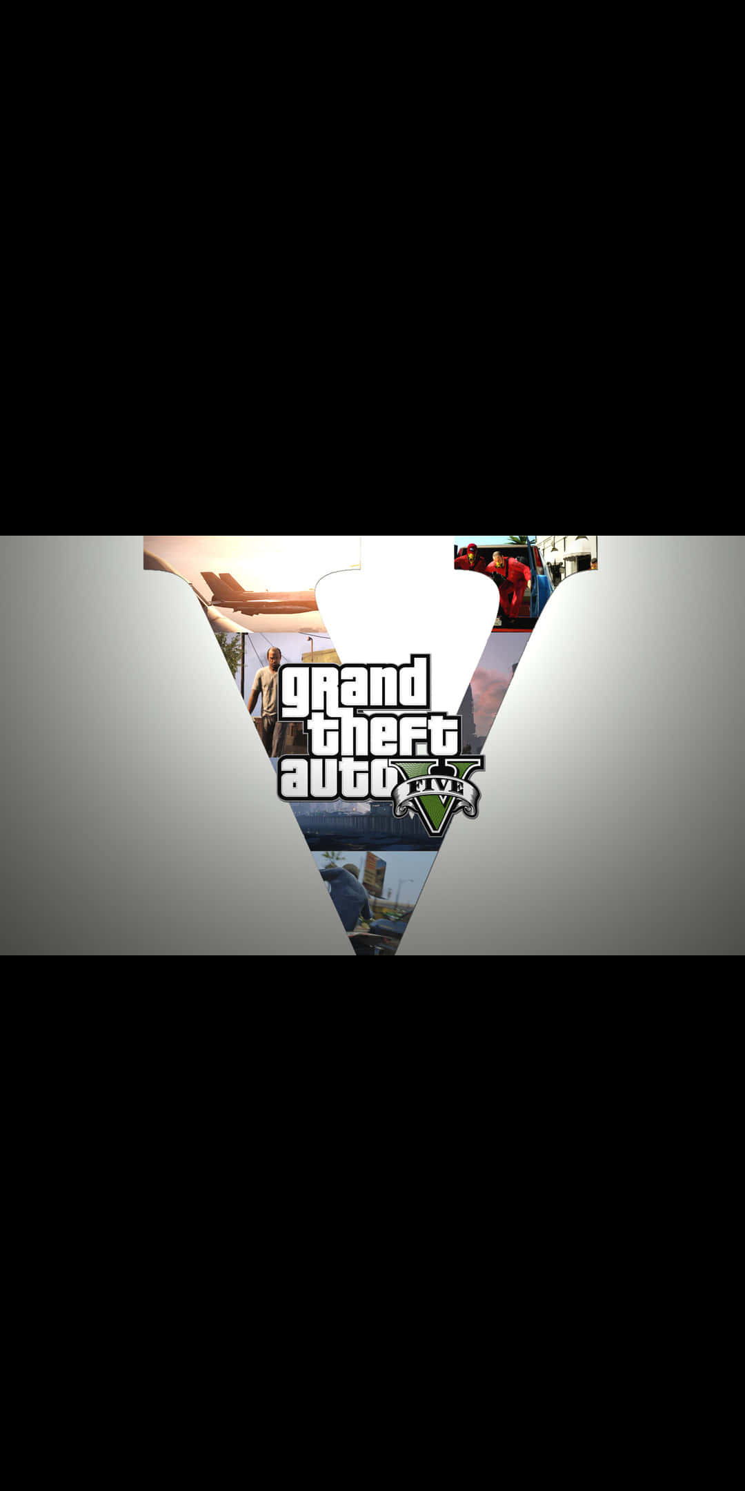 令人著迷的 Pixel 3《GTA V》城市風景壁紙 壁紙 — Grand Theft Auto V 標誌居中於V形框架內，背景可見遊戲場景。