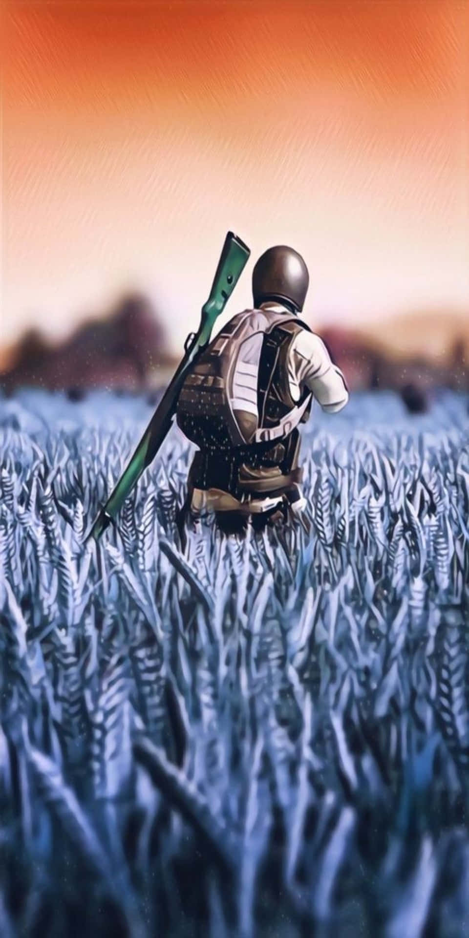 持步槍的士兵在黃昏時分穿過高高的藍色草地。