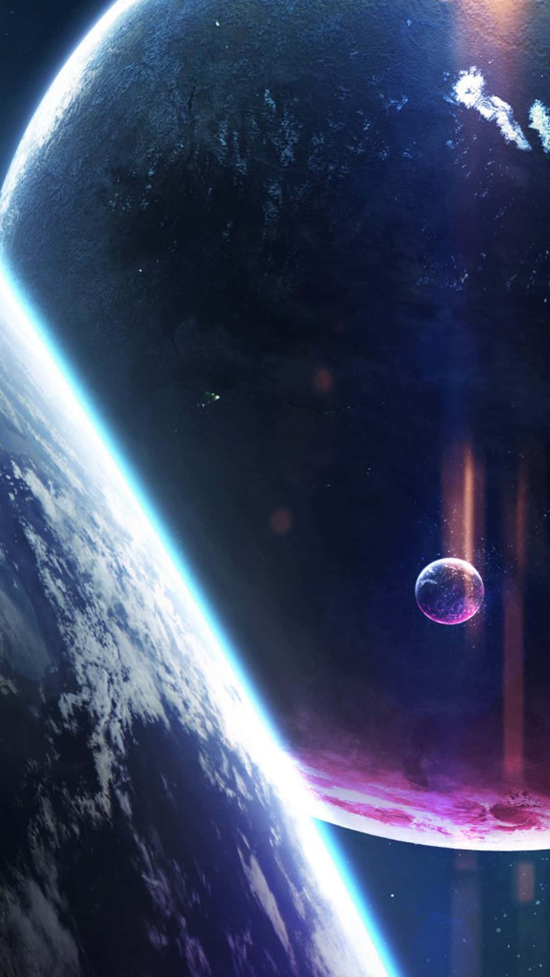 一顆帶有發光大氣層的大型行星和太空中一顆較小的行星。