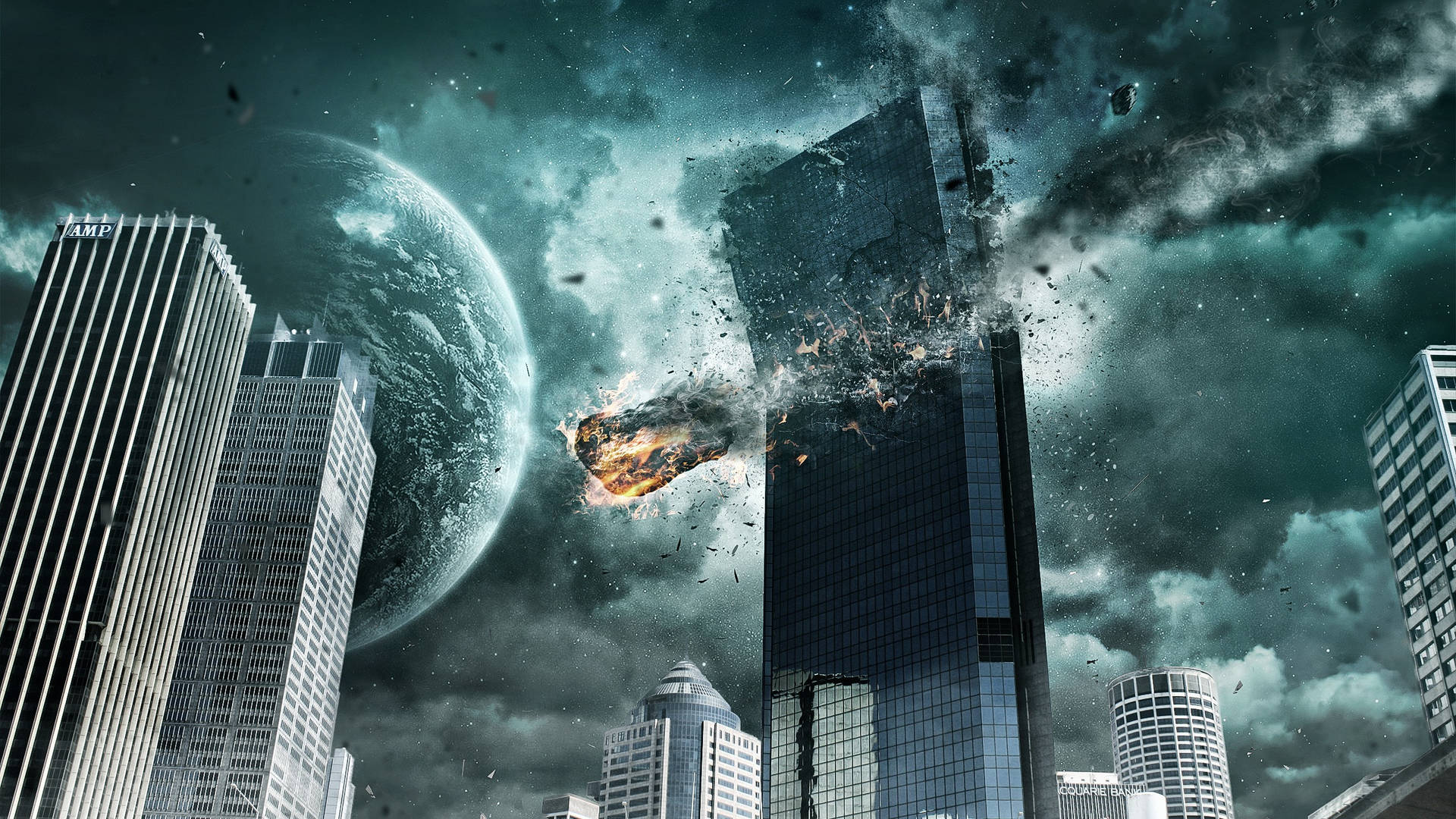 一座城市摩天大樓爆炸，流星穿過天空，暴風雲後可見一顆行星。