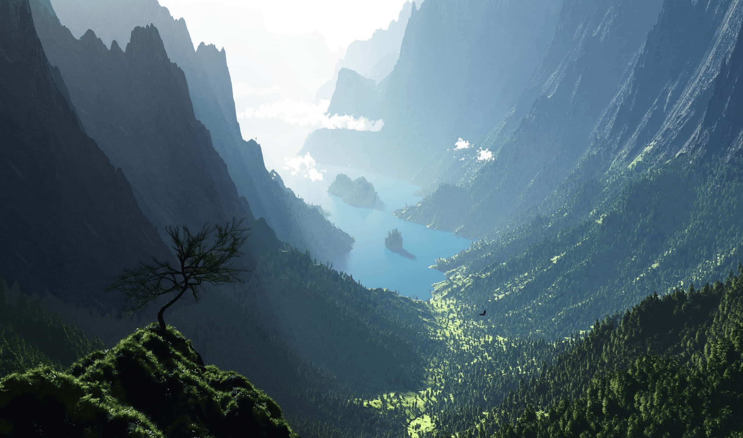 令人著迷的日出山景 壁紙 — 一棵孤樹矗立在長滿苔蘚的懸崖上，俯瞰著坐落在霧氣瀰漫的山谷中的寧靜藍色湖泊。