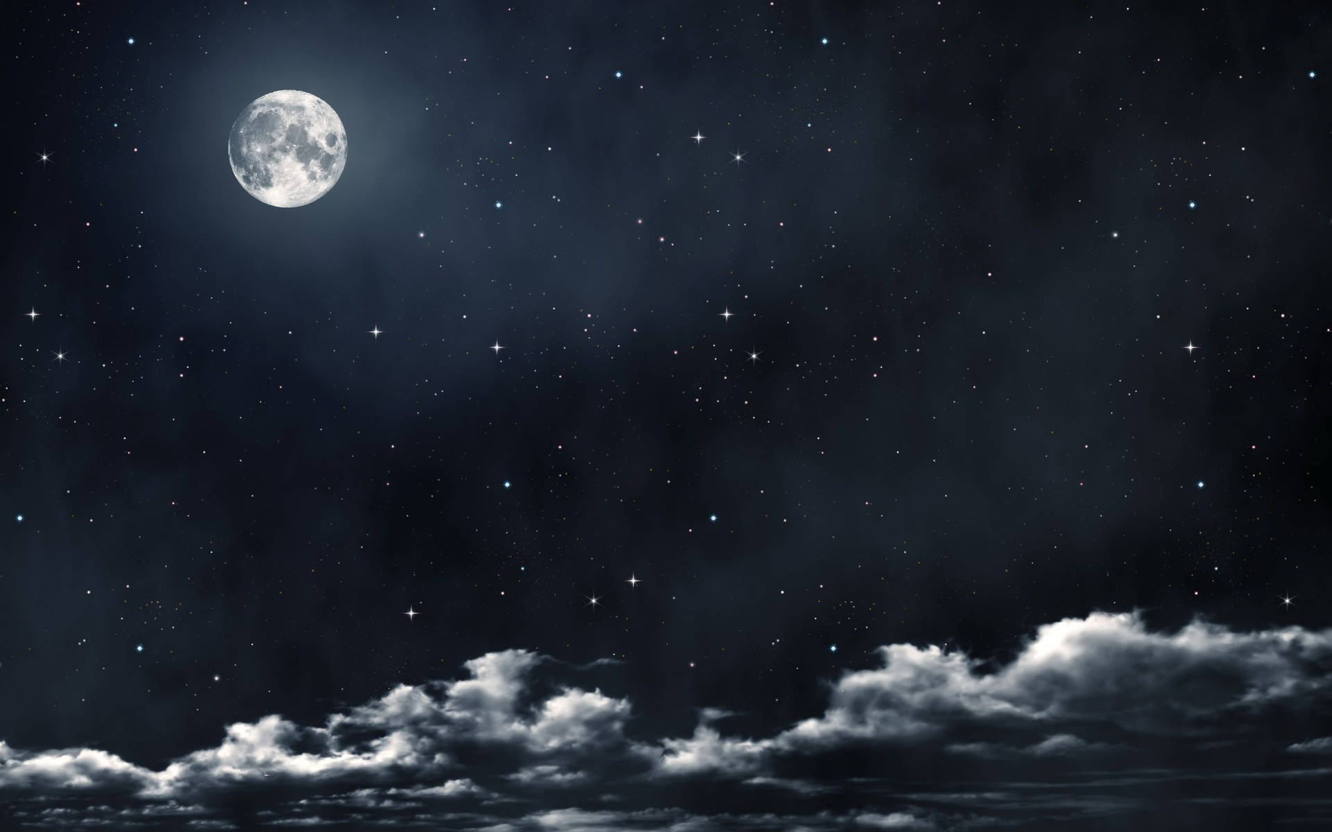 滿月在星空上閃耀，下方有柔軟的雲彩
