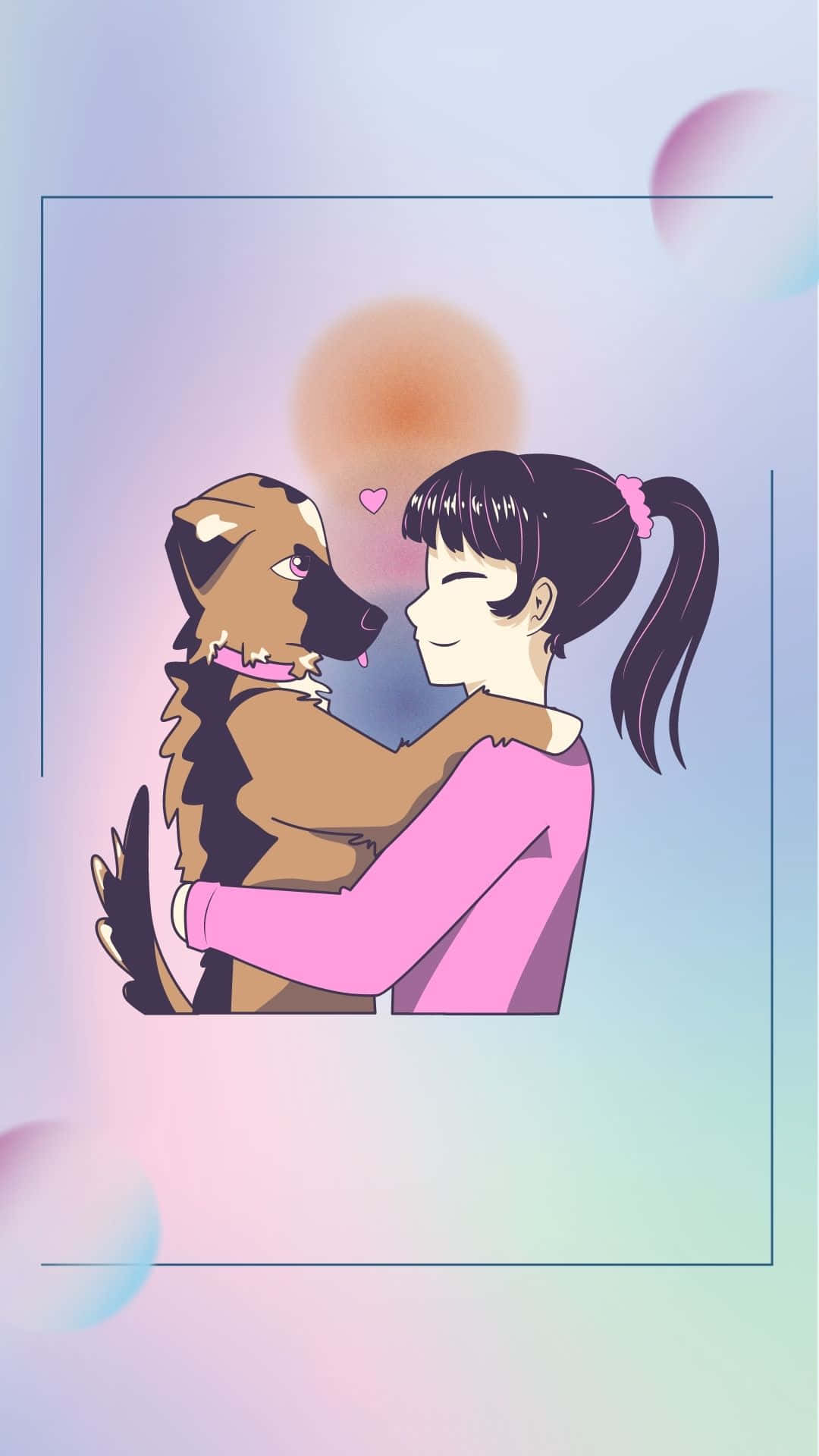 令人著迷的極光秀 壁紙 — 一個微笑的女孩穿著粉紅色毛衣，在柔和的粉彩漸變背景前，擁抱一隻戴著粉紅色項圈的棕色狗。