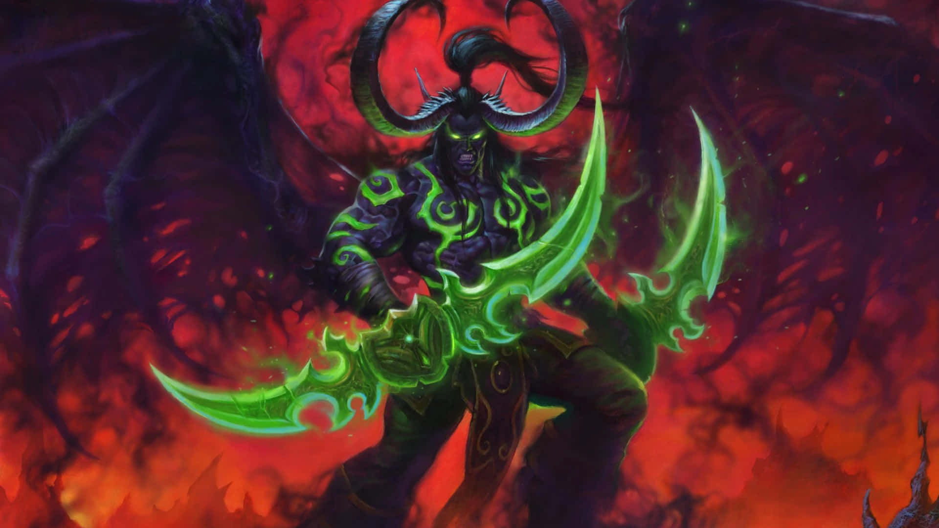 惡魔戰士，手持發光綠色刀刃和長角，背景火紅。
