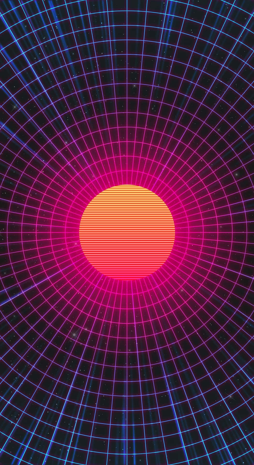 發光網格後的霓虹太陽，復古科幻太空場景