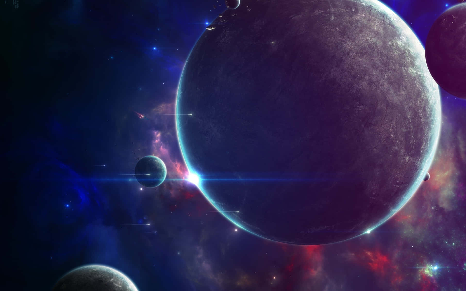 在深空中，一個帶有發光星雲和星星的巨大紫色行星。