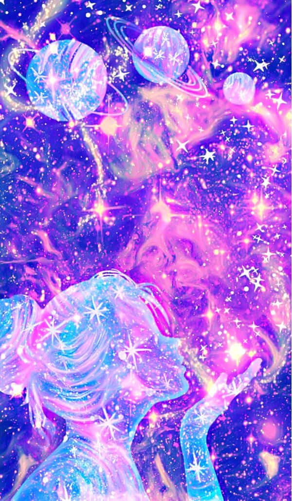 一個擁有星星般頭髮的女孩，在充滿活力的宇宙場景中伸手觸碰漂浮的行星。