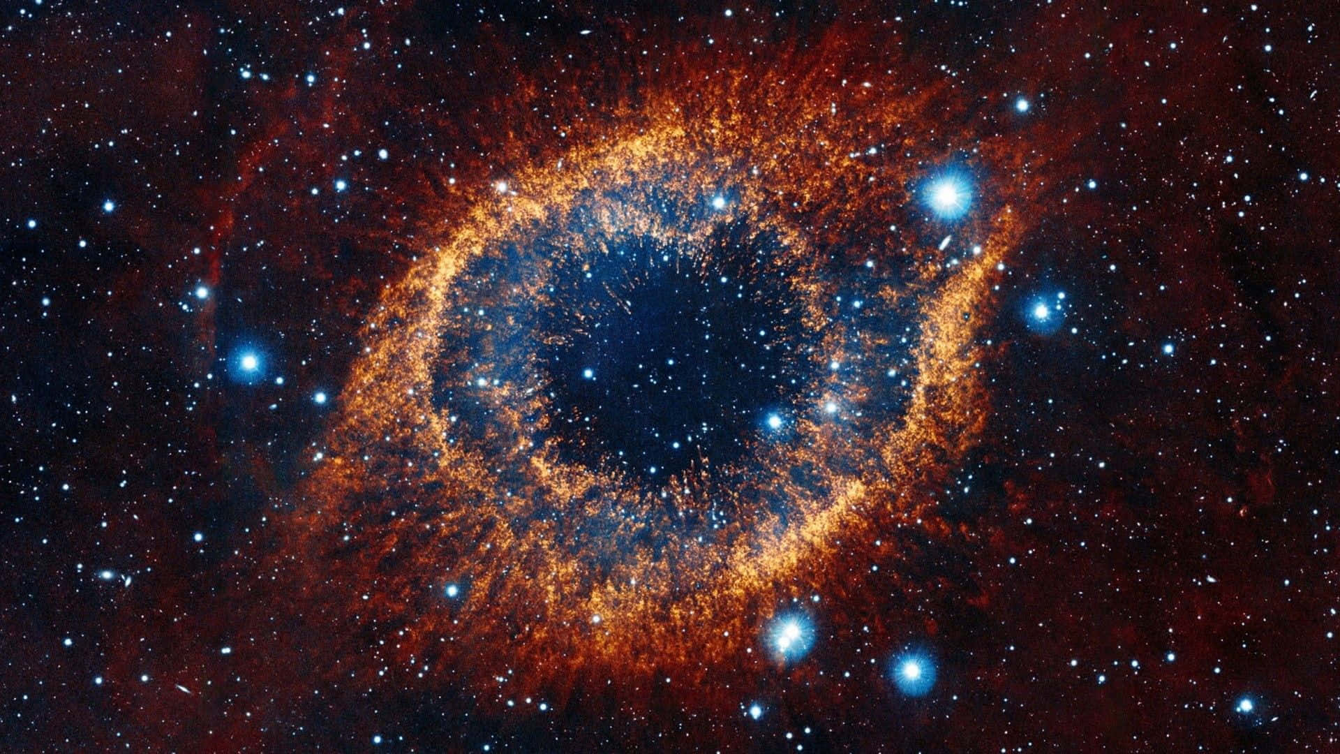 一個充滿活力的宇宙星雲，帶有發光橙色氣體和明亮的藍色恆星。