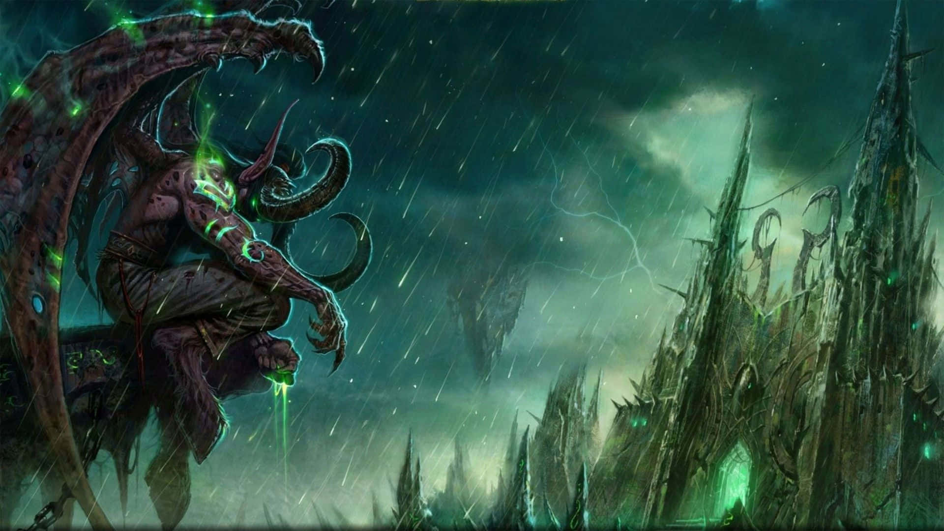 一個帶有發光綠色血管的惡魔生物，坐在暴風雨中的哥德式廢墟中的一個破碎王座上。