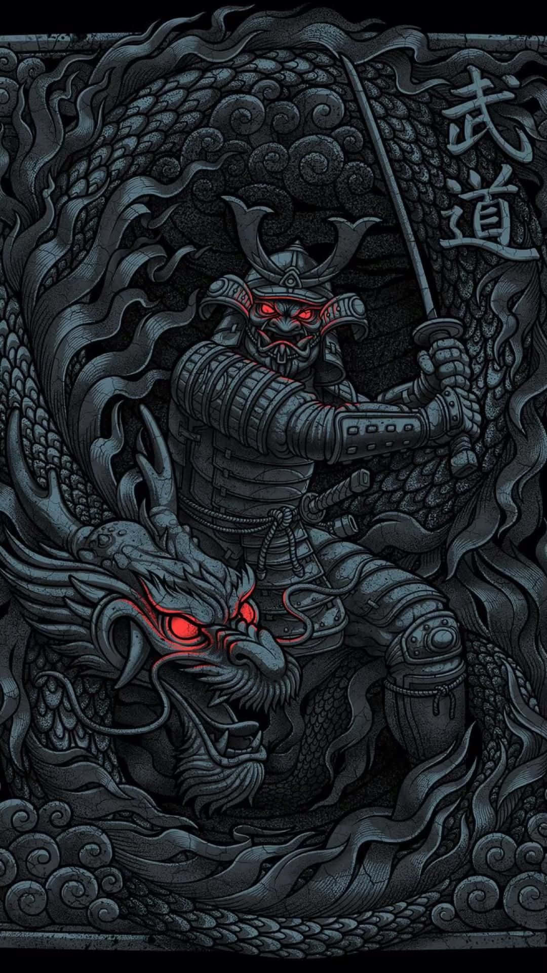 紅眼武士戰士在詳細的黑白插圖中與龍戰鬥。