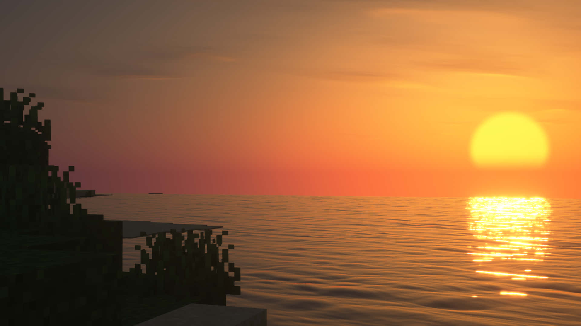 Minecraft方塊狀風景，日落，水面上的發光太陽