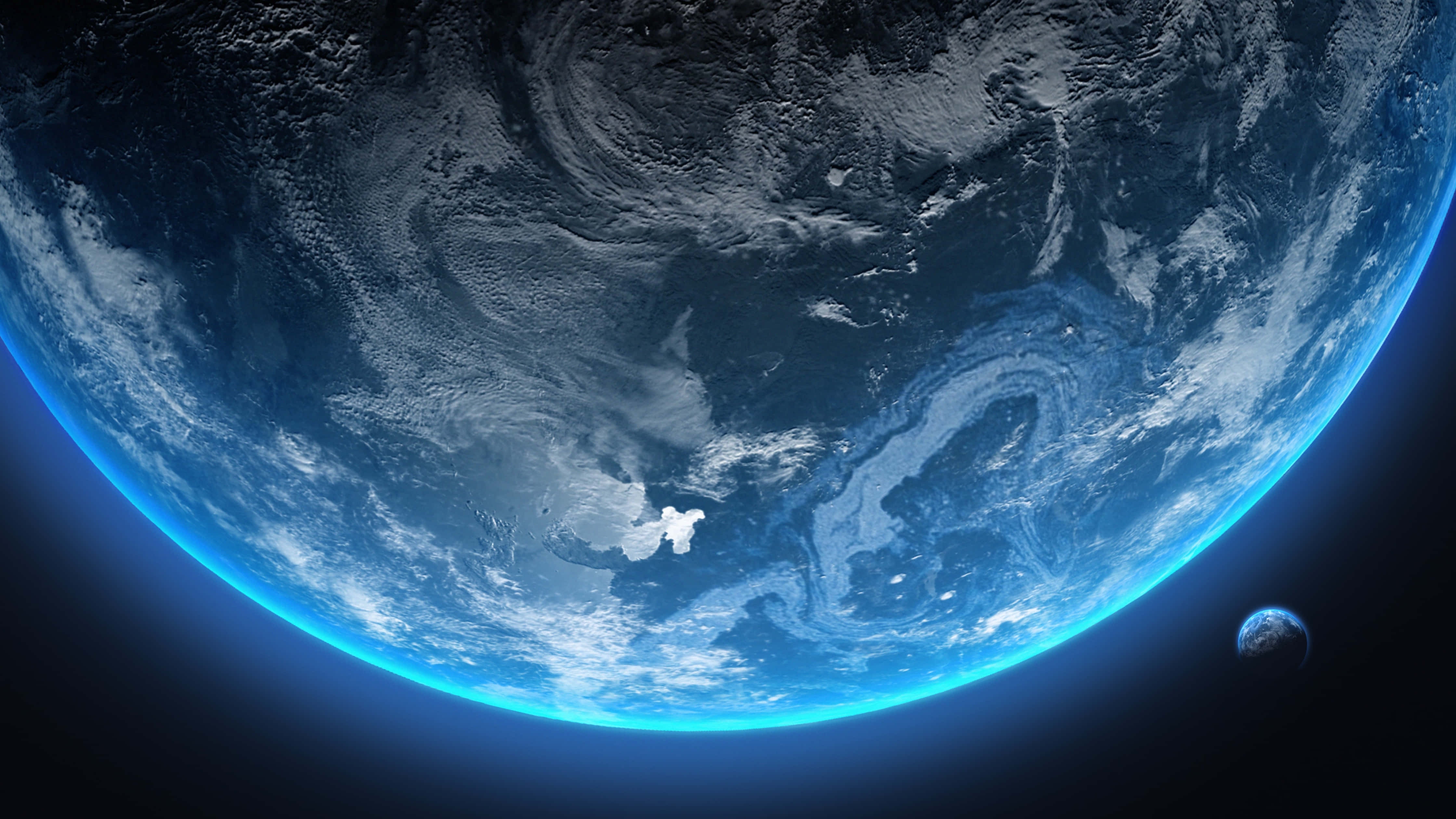 令人驚嘆的外太空地球 壁紙 — 從太空看到地球的壯麗景色，展示出旋轉的雲層和充滿活力的藍色海洋，附近還有一顆小月亮。