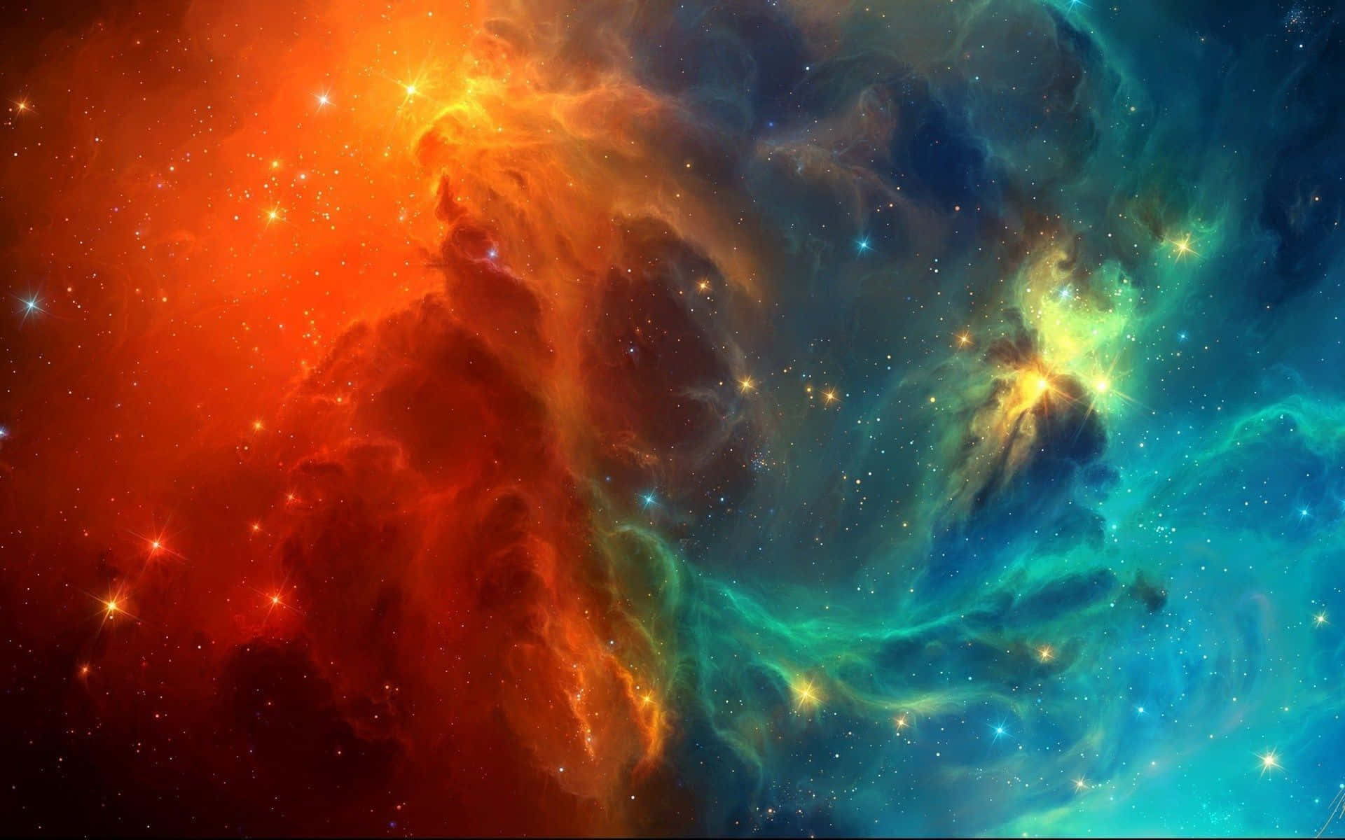 充滿活力的宇宙星雲，帶有旋轉的橙色和藍綠色雲層以及發光的星星。
