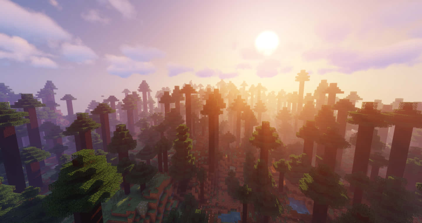 Minecraft森林上空的夕陽，有方塊狀的樹木和發光的天空。