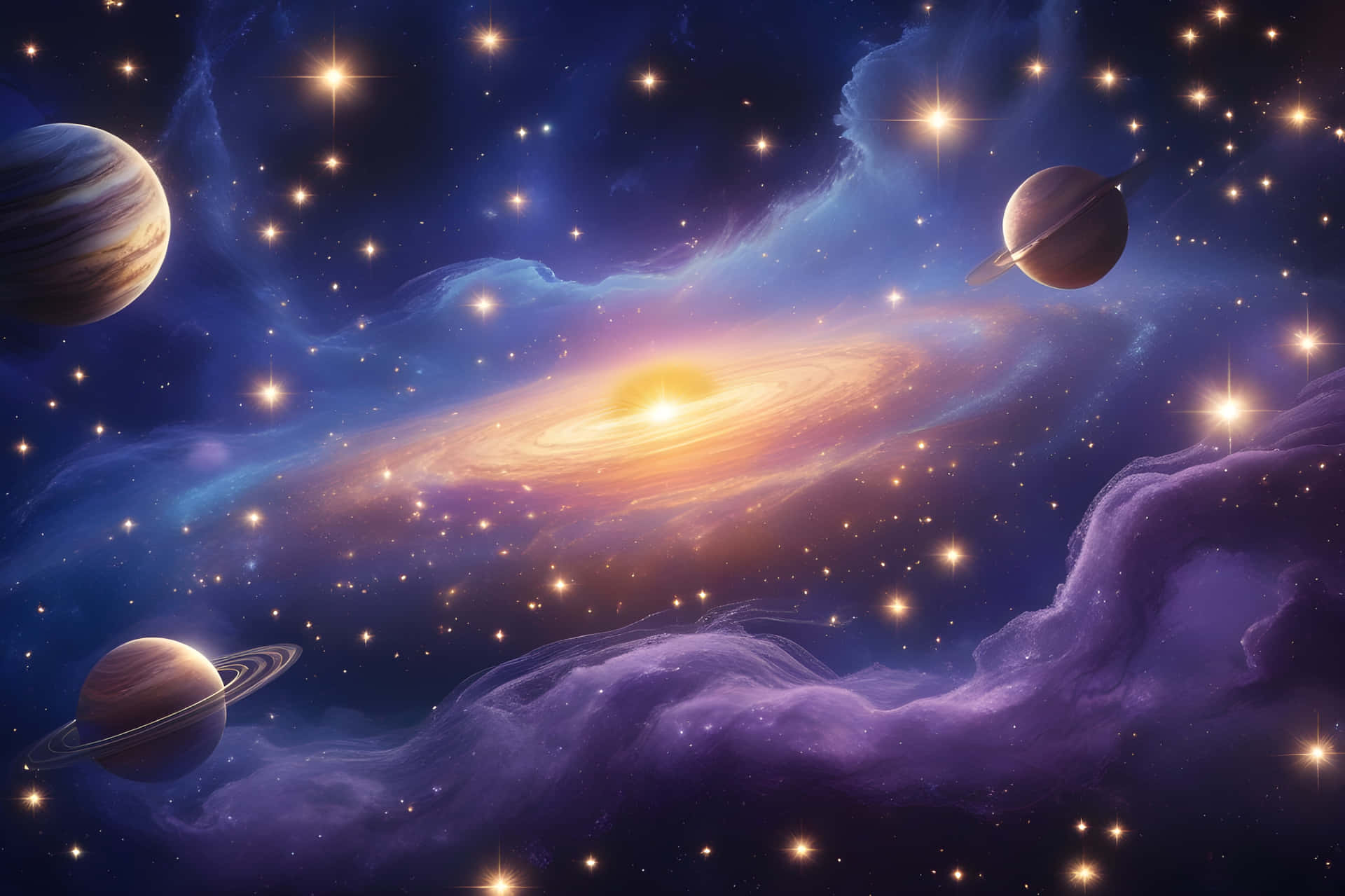 三個帶環行星在紫色和藍色星雲及星星中，靠近一個發光的螺旋星系運行。