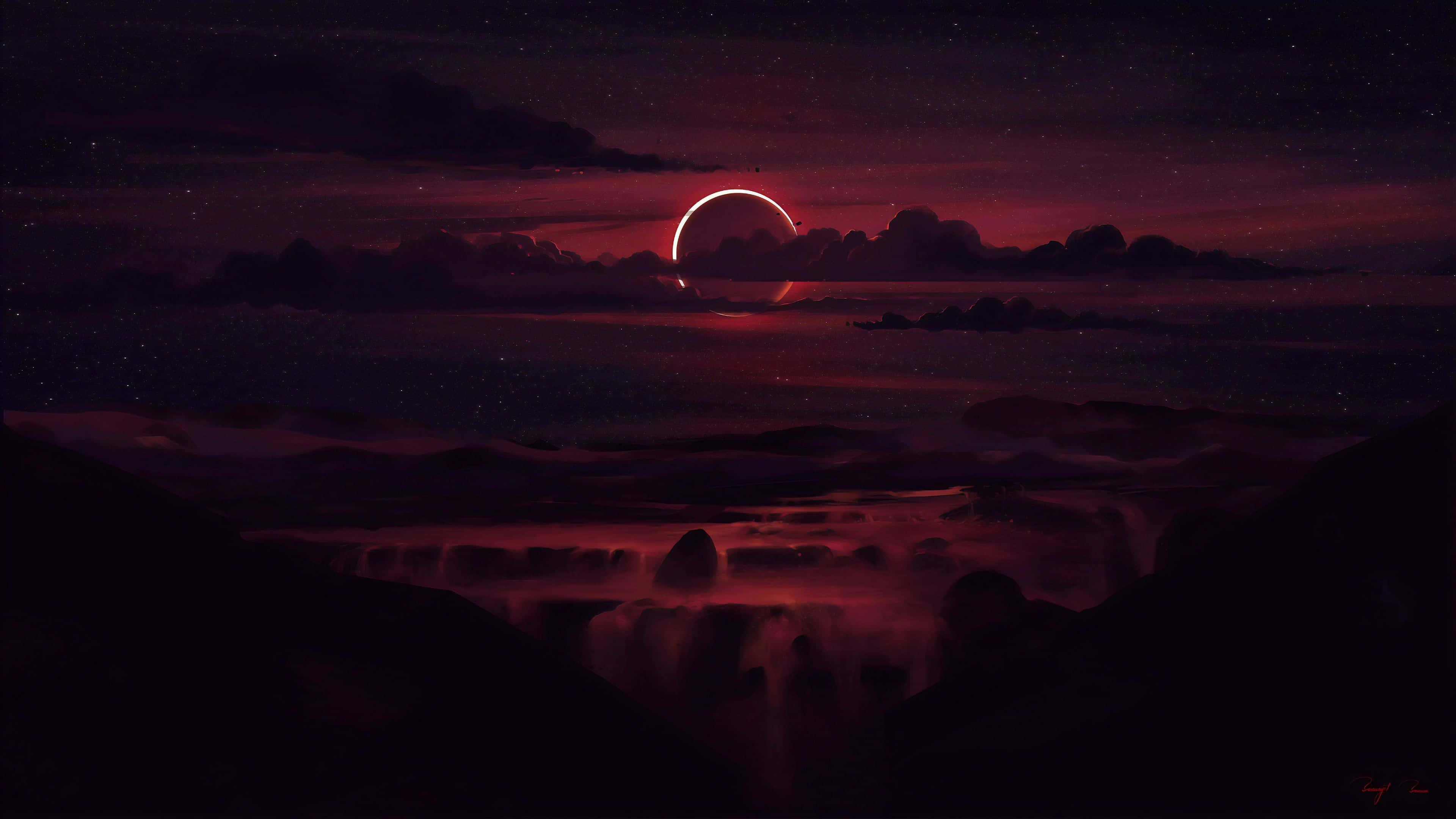 Digital Art 桌布 壁紙 — 令人驚嘆的月食在繁星點點的夜空下，於霧氣瀰漫的山谷上方閃耀著深紅色的光芒。