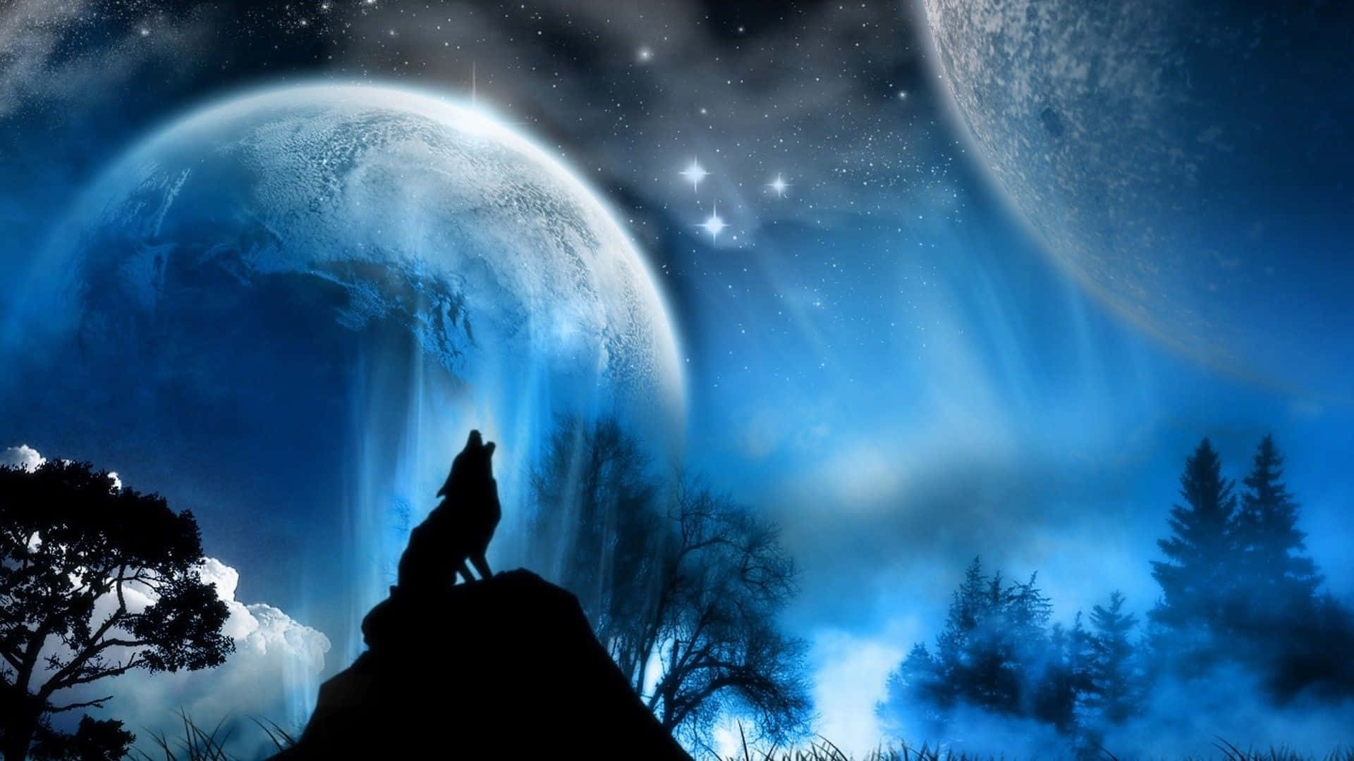 狼在懸崖上嚎叫，下方是發光的行星和星星