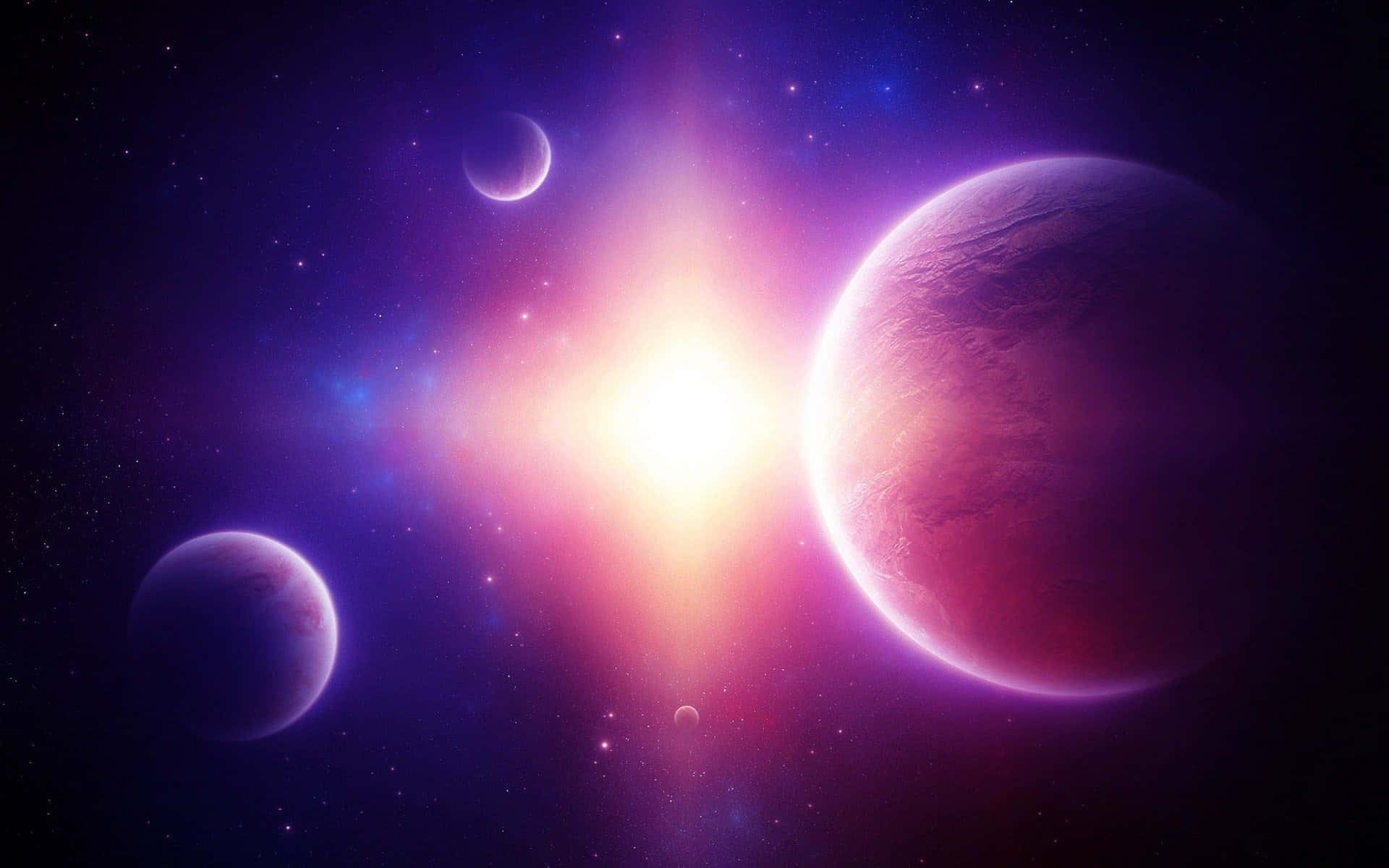 三顆發光的行星在深紫色宇宙場景中圍繞一顆閃耀的恆星運行。
