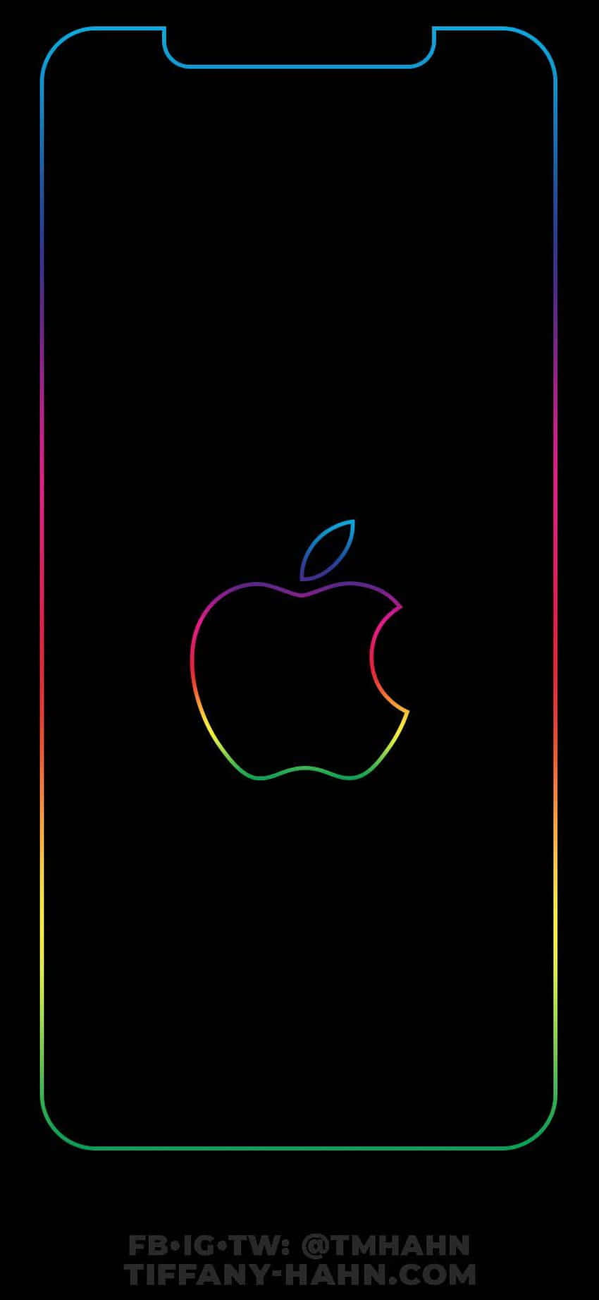 彩虹輪廓Apple標誌在黑色手機螢幕上，帶有彩色邊框。 — 蘋果 壁紙