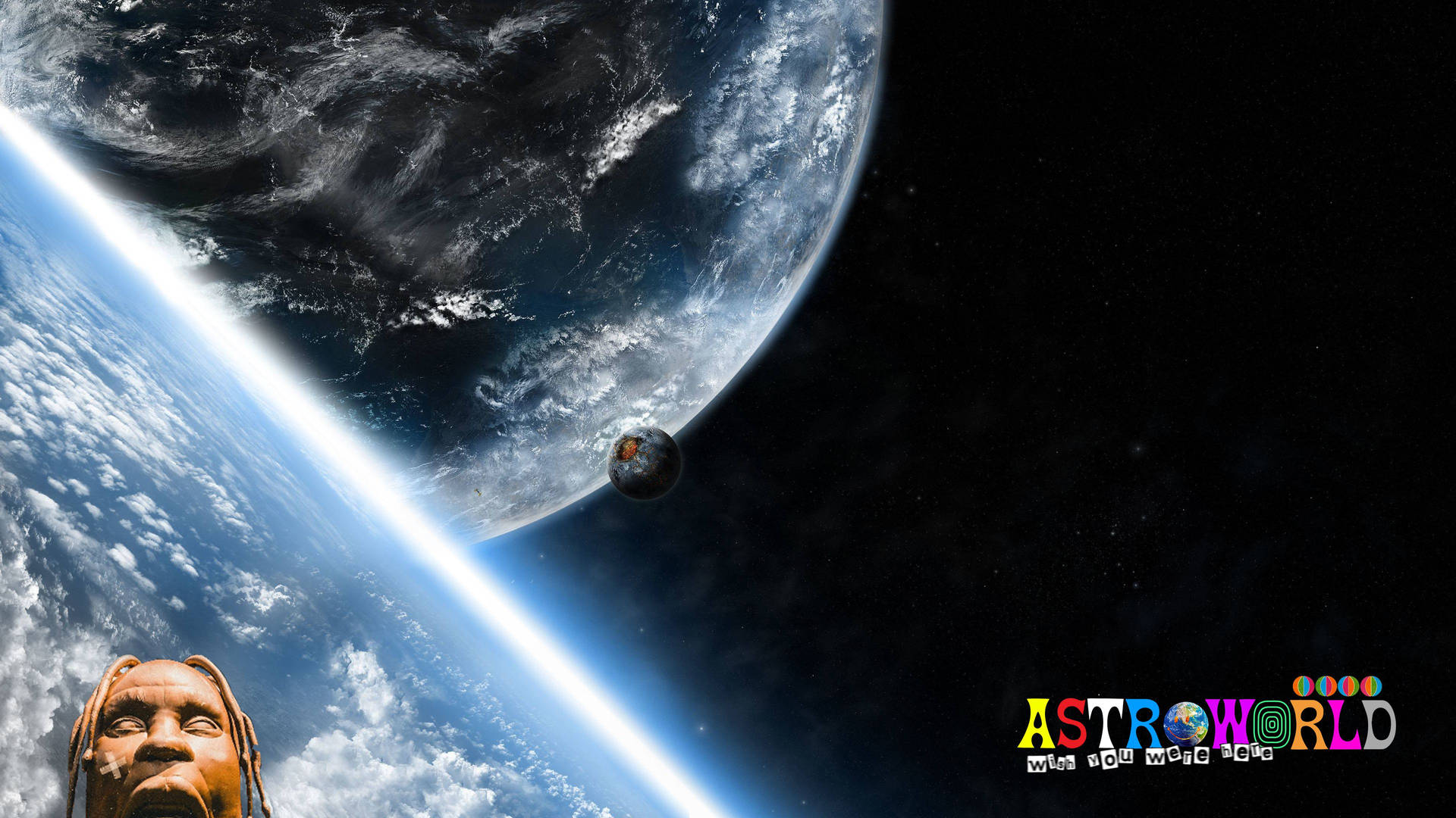 巨大的外星人頭顱看著地球和一顆在太空中運行的小行星。