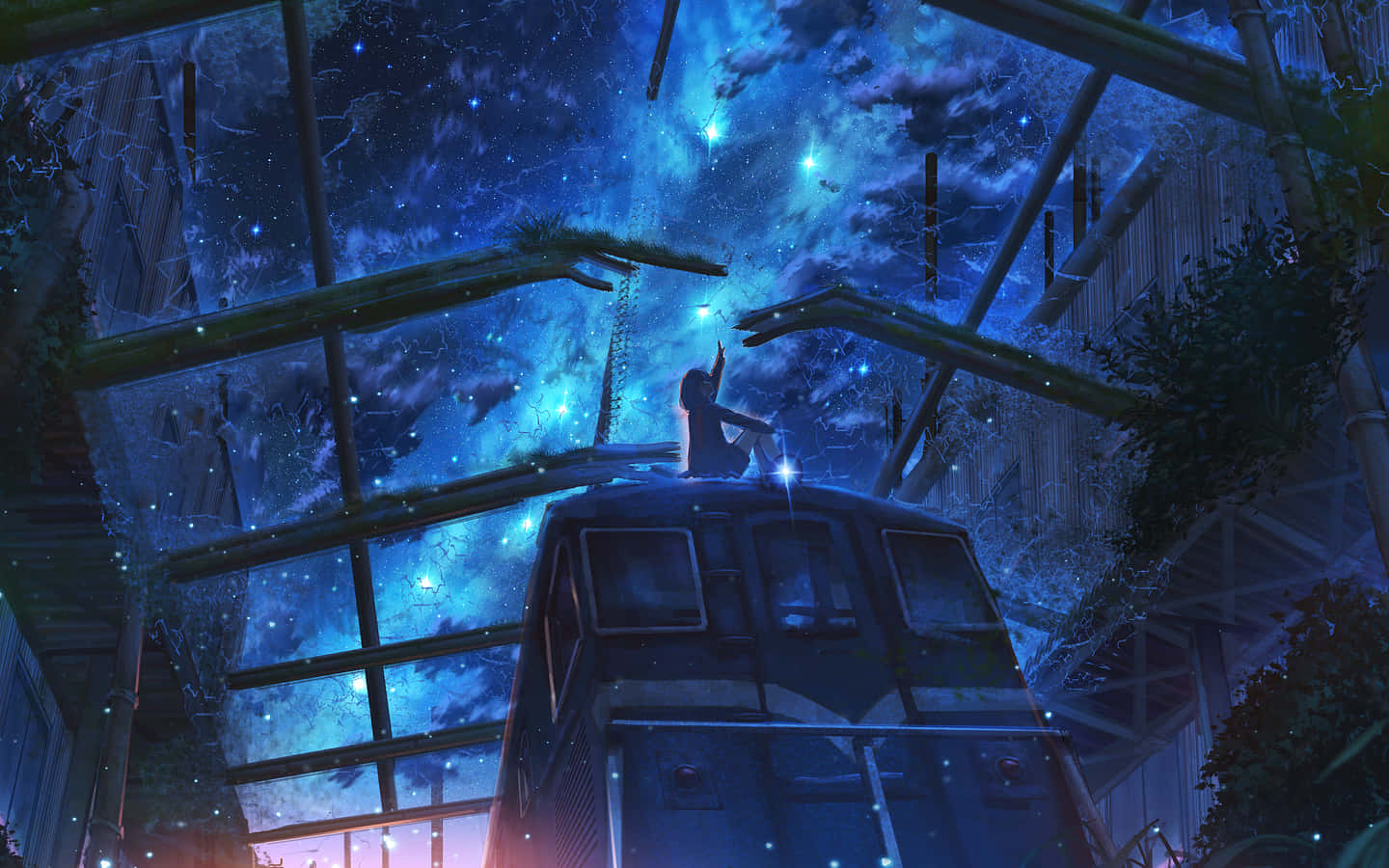 一個人在火車上的剪影，背景是星空夜空，有藤蔓和金屬橫樑。