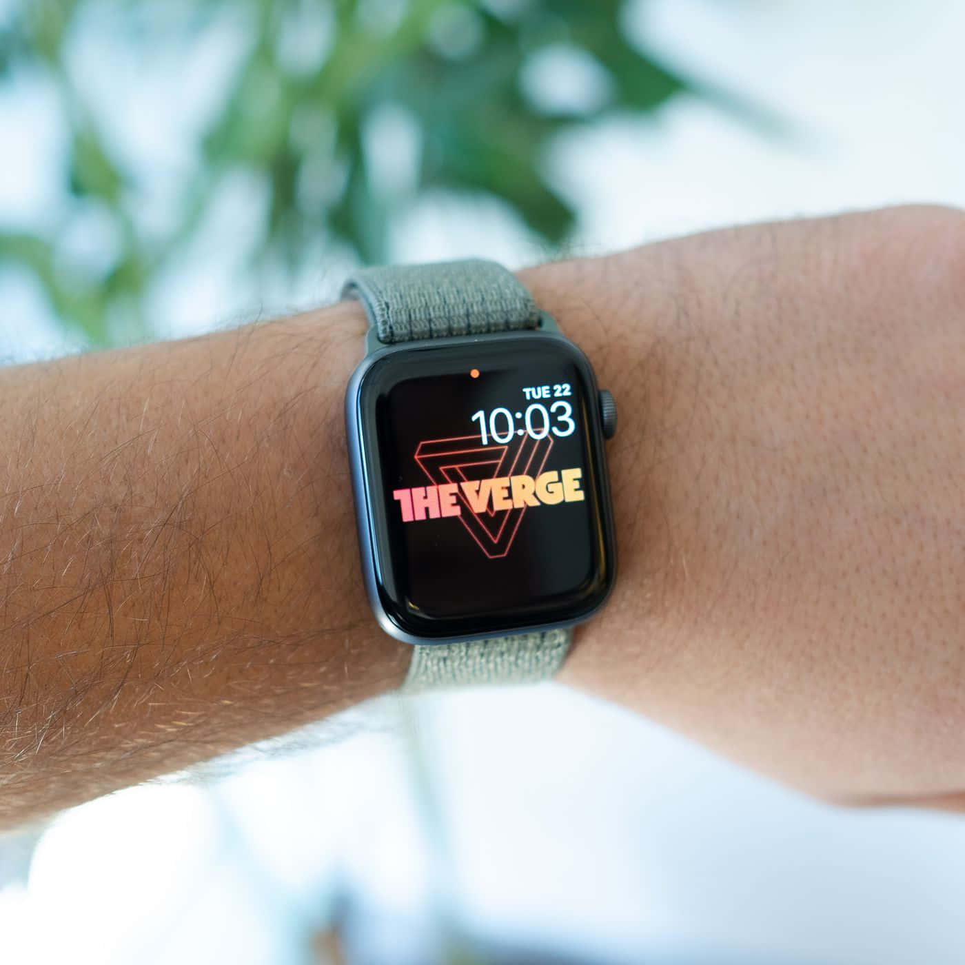 智能手錶在手腕上顯示 The Verge 標誌，背景模糊綠色。