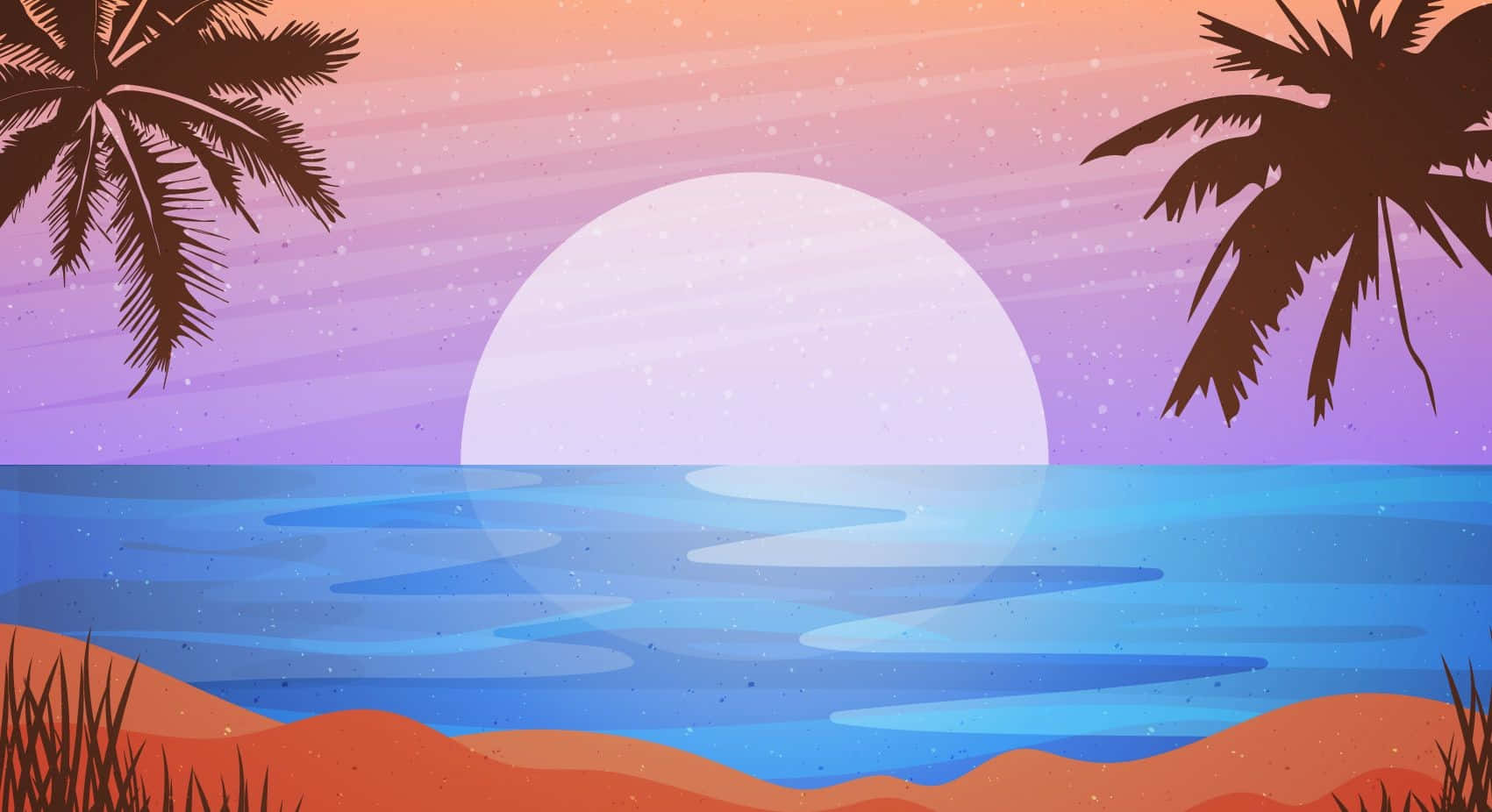 令你夏日夢想成真的美麗海灘日落！ 壁紙 — 風格化的熱帶日落，棕櫚樹剪影映襯著漸變天空和寧靜的海浪。