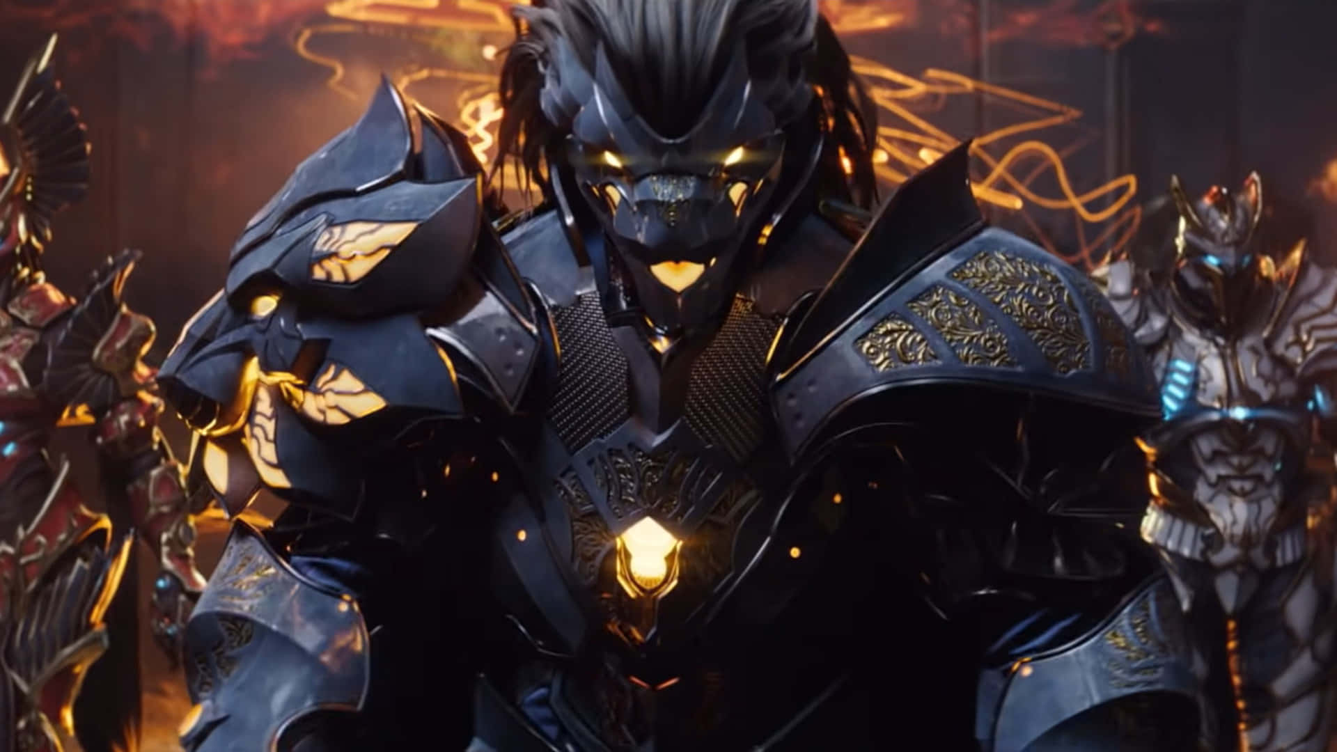 以 1080p 解析度體驗《Godfall》的壯麗冒險 壁紙 — 一個威嚇的裝甲戰士，擁有發光的金色眼睛和複雜的黑色盔甲，以火熱的戰鬥姿態站立。