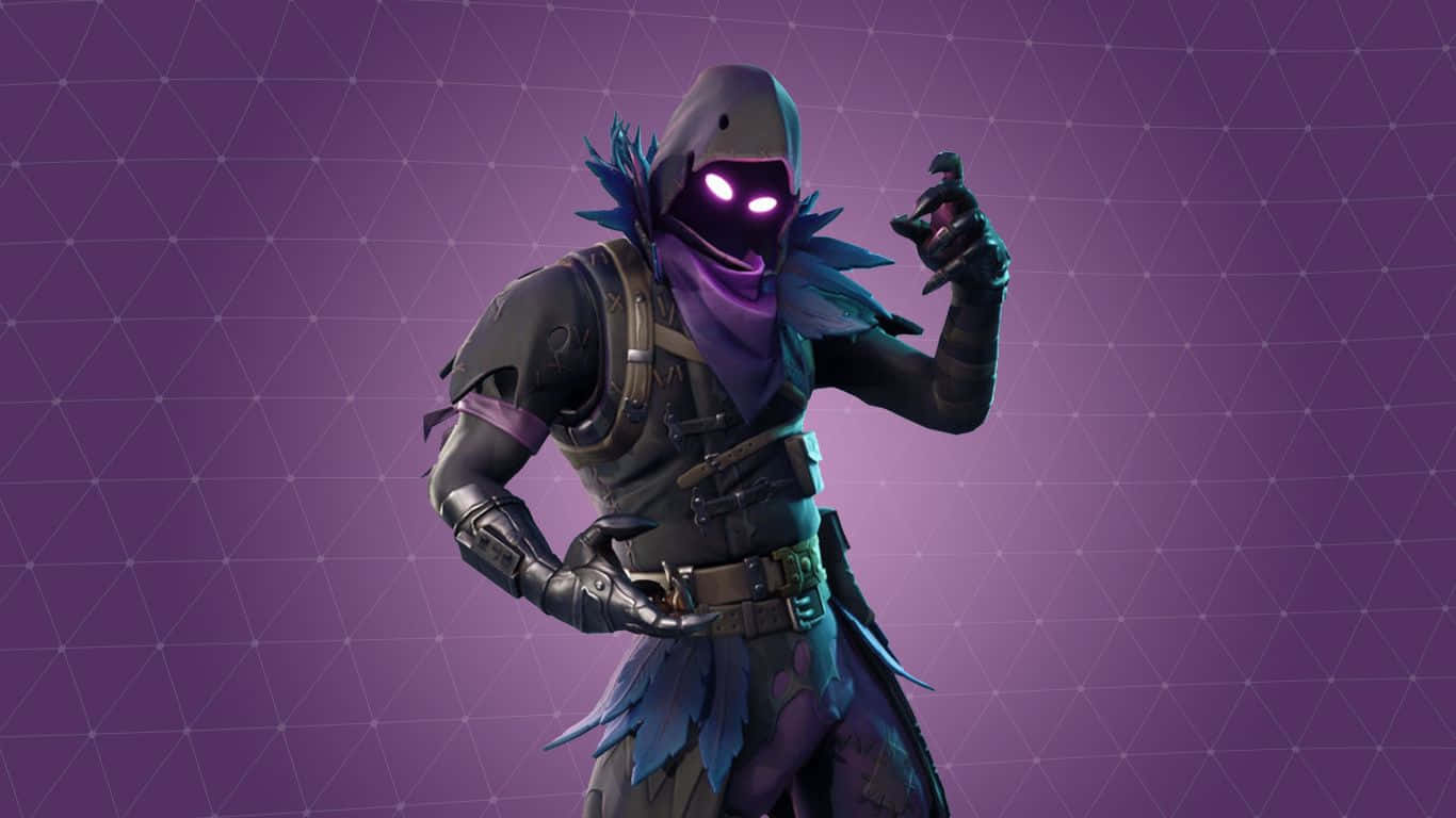 Fortnite角色身穿黑暗盔甲，帶有發光紫色眼睛，背景為紫色網格。