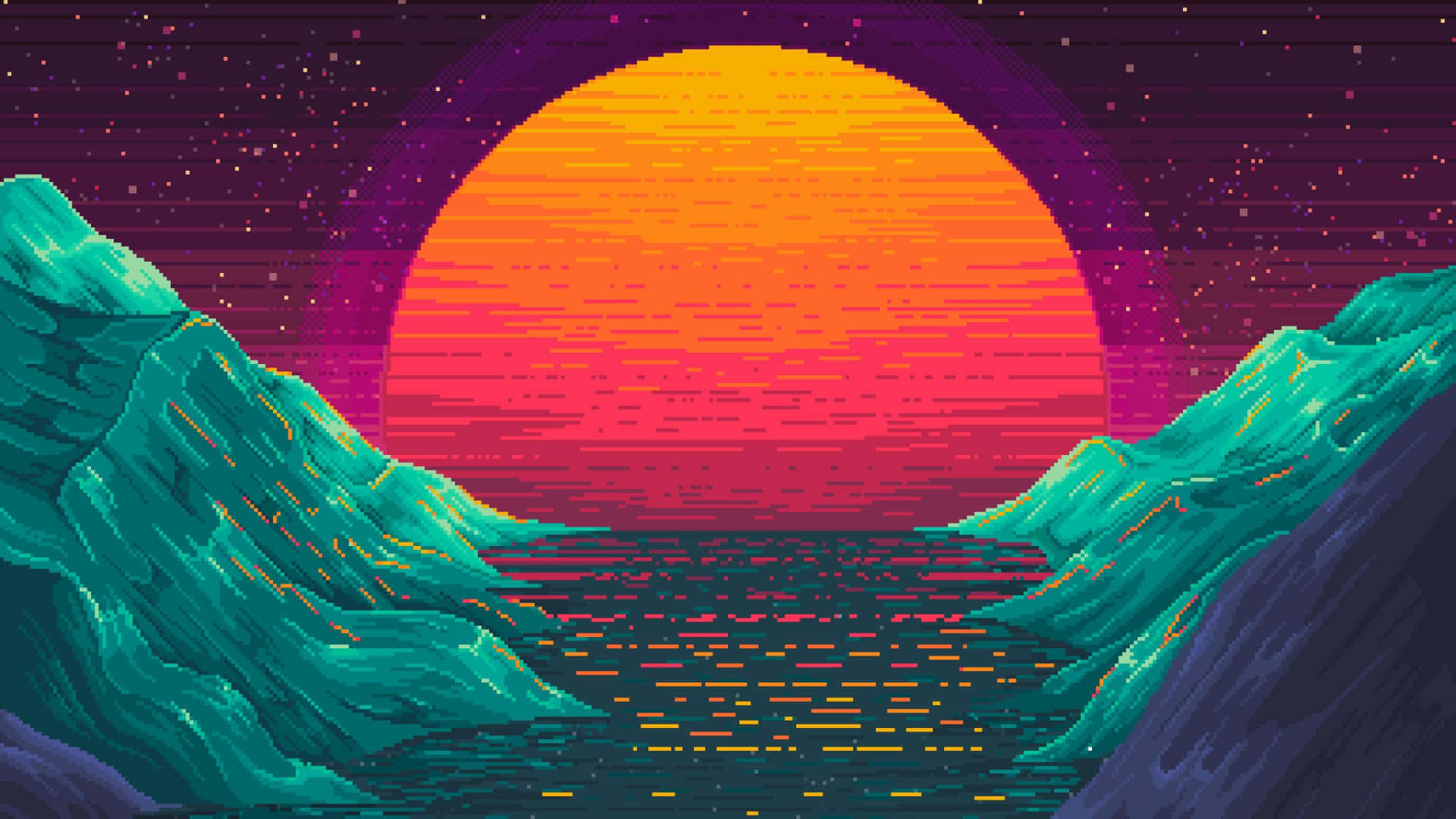 青綠色山脈襯托著發光的橙色太陽，背景是星空紫色天空。