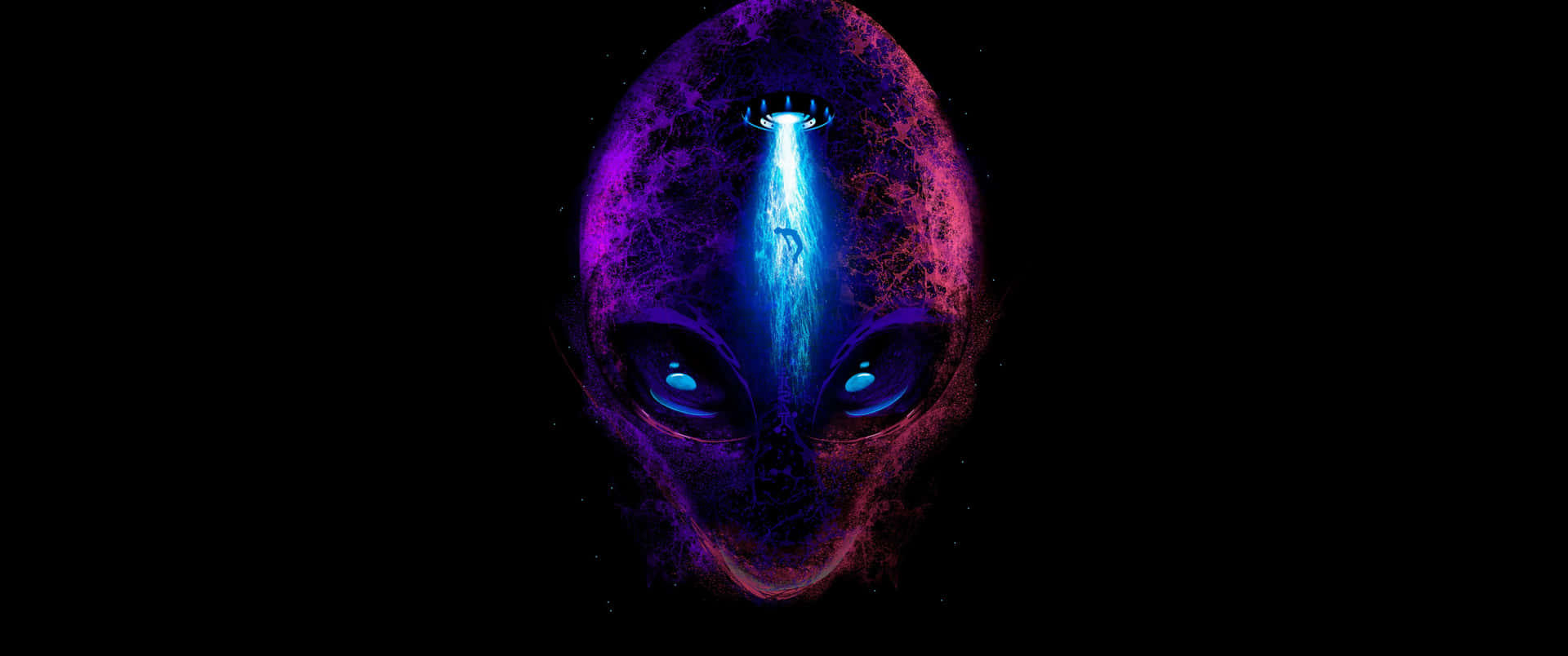 發光的外星人頭部，有藍色眼睛和從額頭射出的明亮光束。