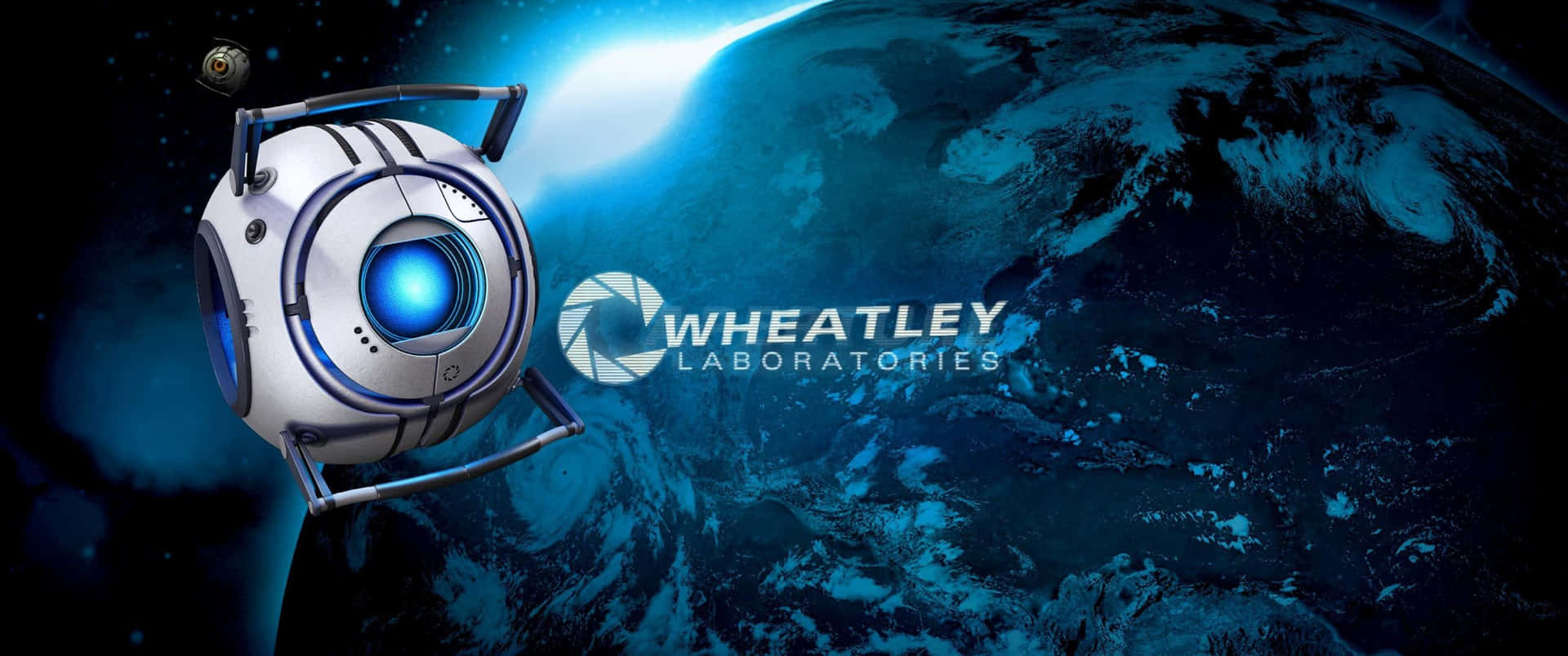 發光眼睛的機械人在太空中靠近帶有Wheatley Laboratories標誌的藍色星球。