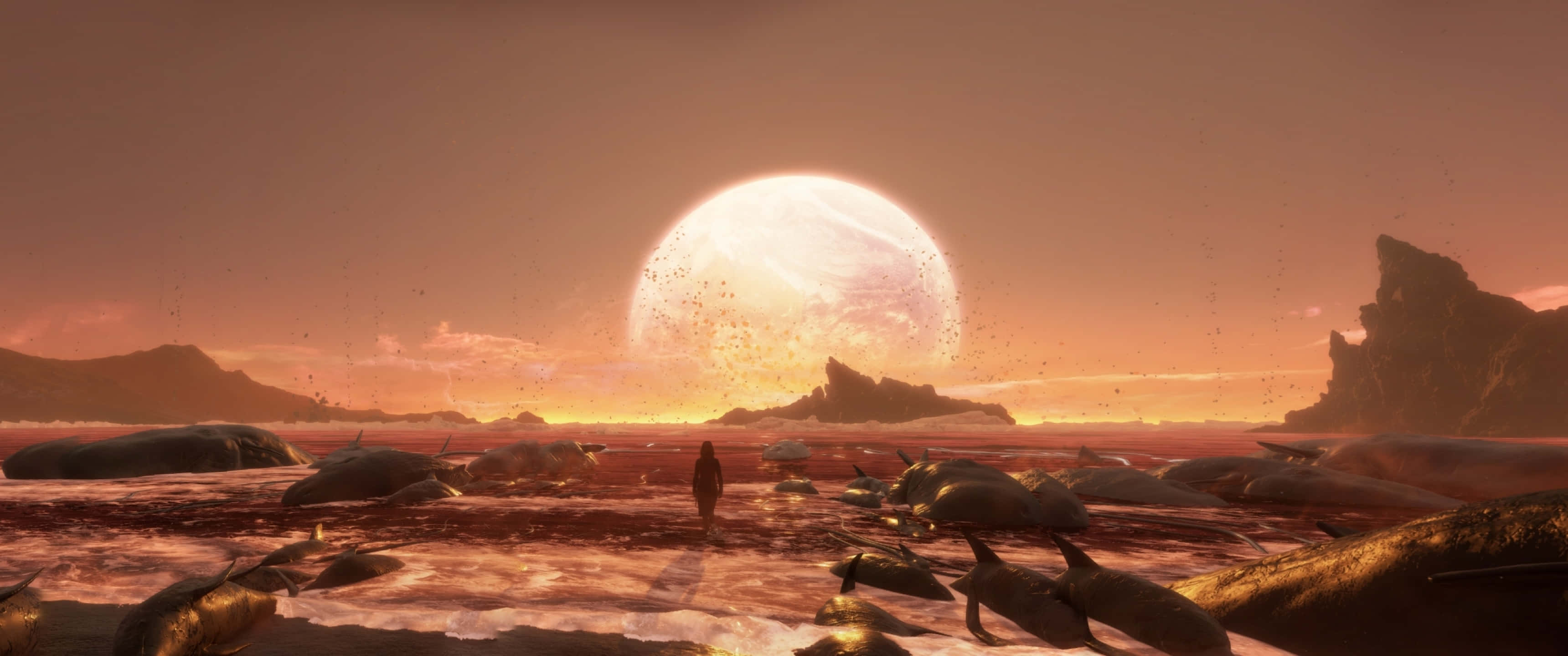 以 3440x1440p 背景探索《死亡擱淺》新世界 壁紙 — 一個孤獨的身影在日落時分，在一個巨大的發光行星下，走過超現實的外星景觀。