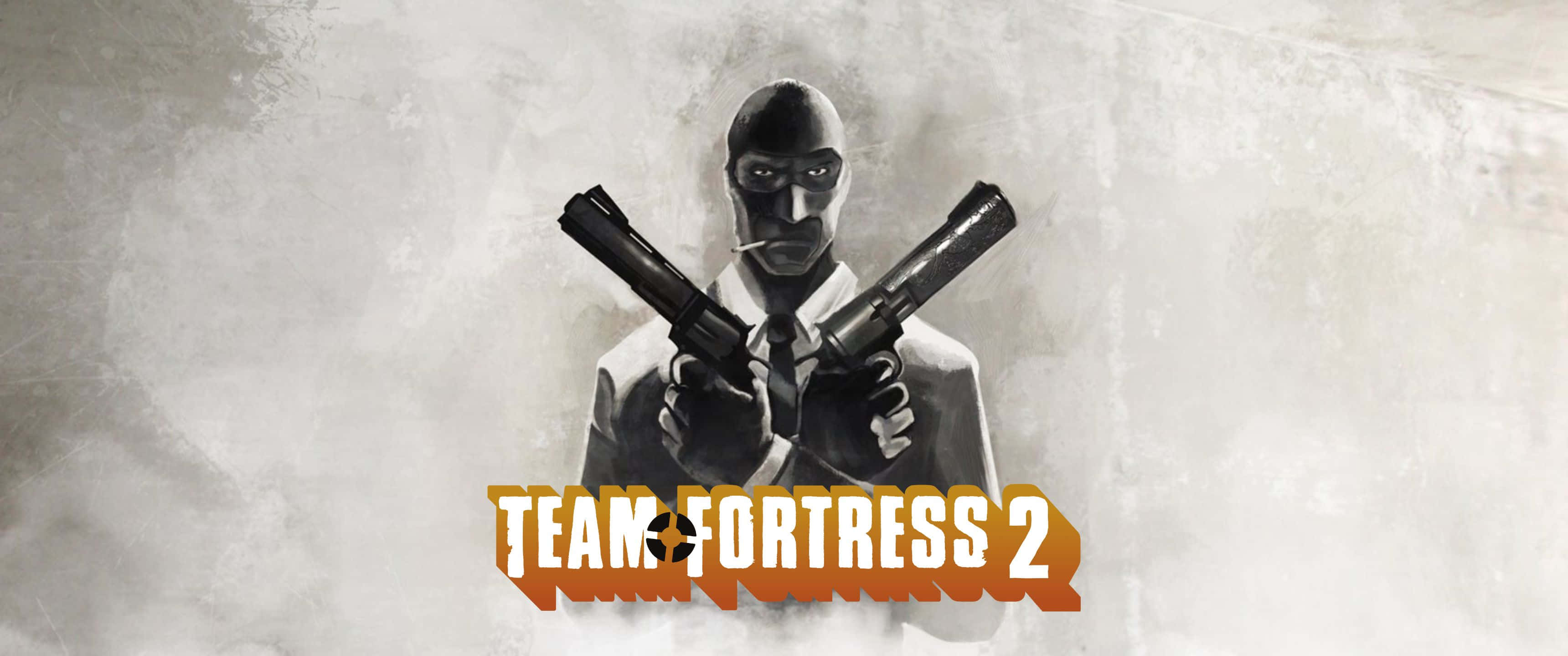 以 3440x1440p 解析度享受 TF2 的驚人視覺效果 壁紙 — 來自《Team Fortress 2》的蒙面角色在煙霧彌漫的灰色背景前交叉手持兩把手槍。