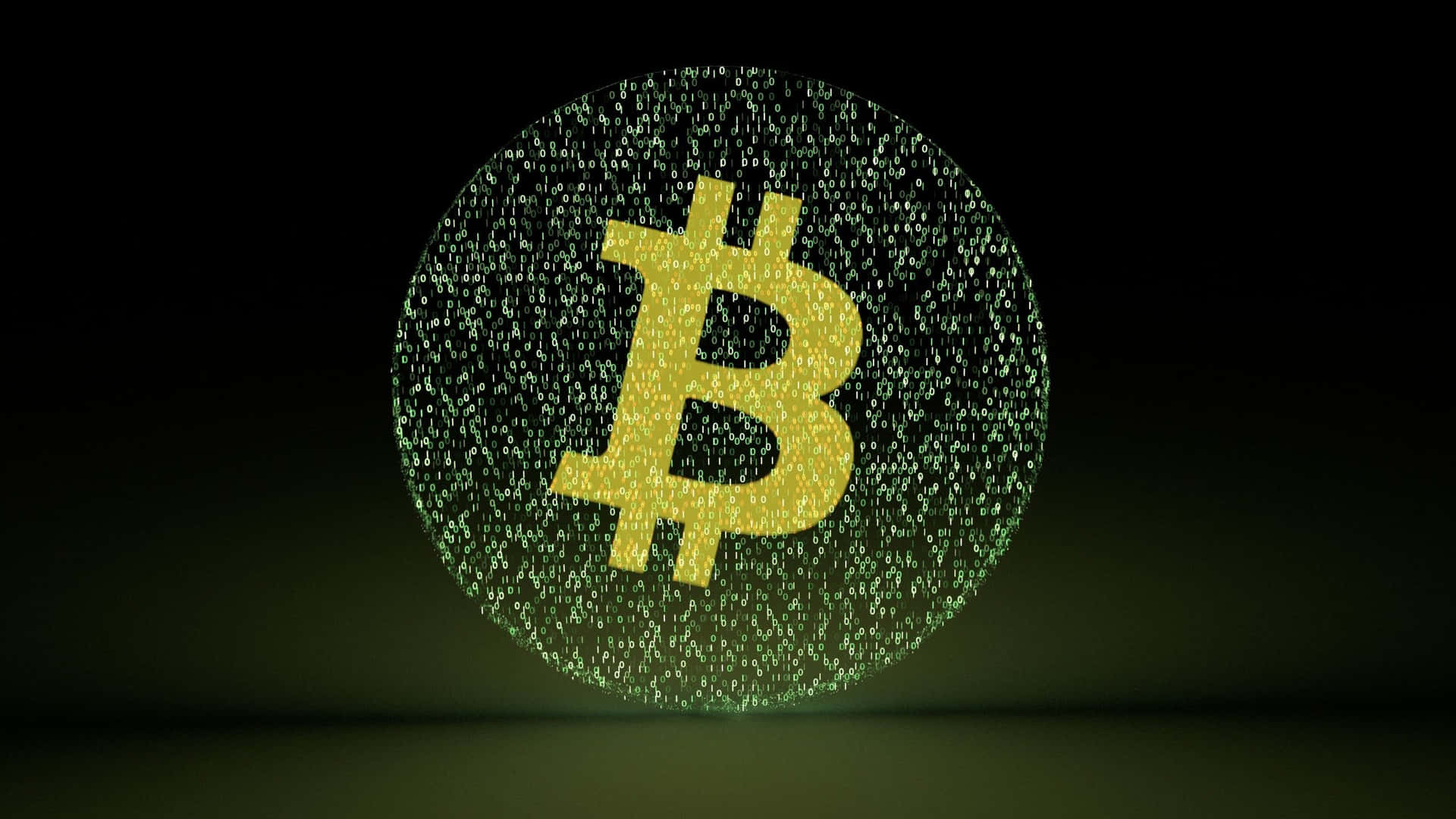 金色比特幣標誌被綠色二進制代碼環繞，背景深色