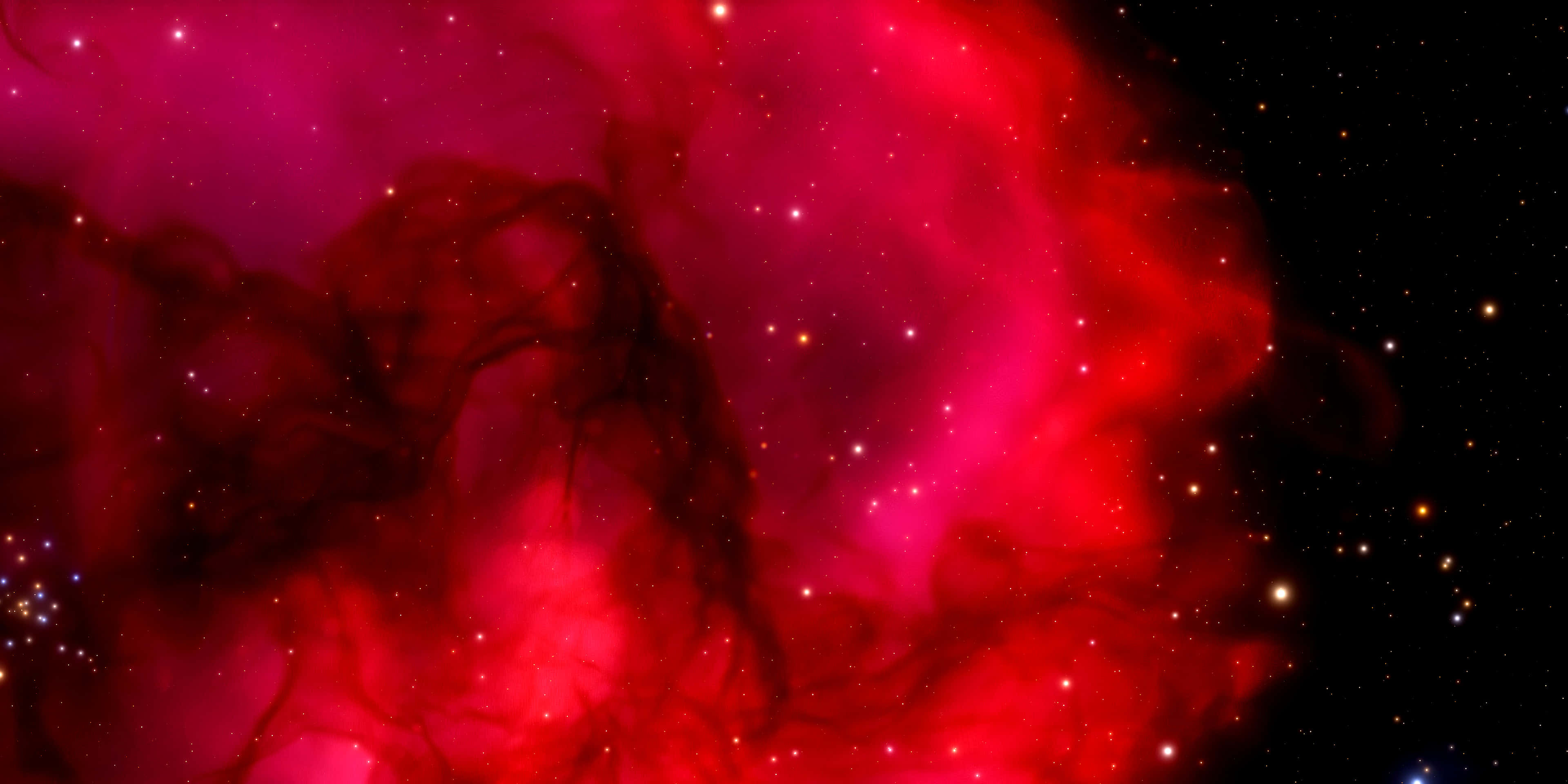 以 4K 解析度欣賞宇宙的絕美風景 壁紙 — 鮮豔的紅色宇宙星雲，發光的星星在深邃的黑色太空背景下旋轉。