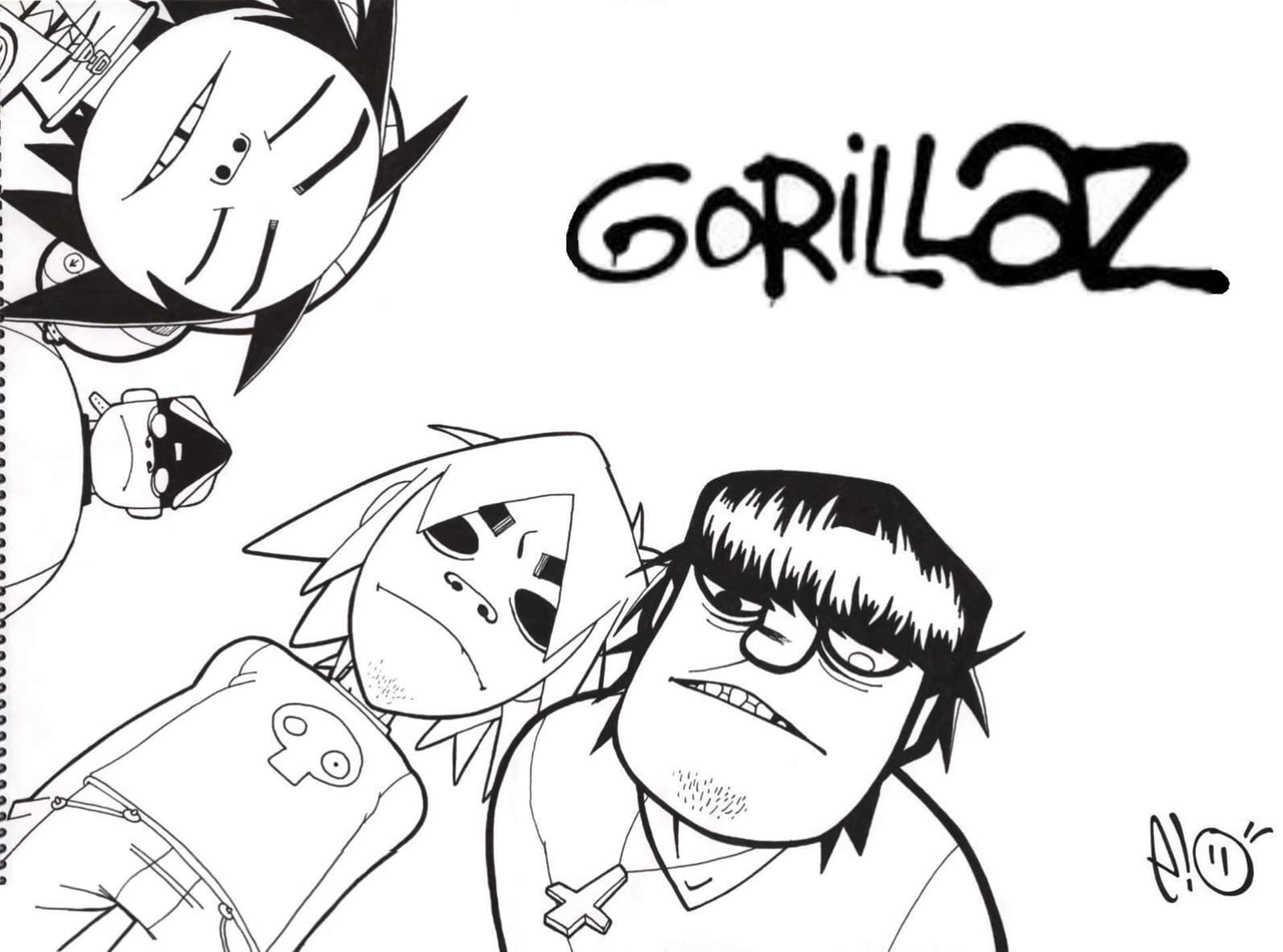 Gorillaz 樂隊角色以黑白線條藝術和標誌呈現