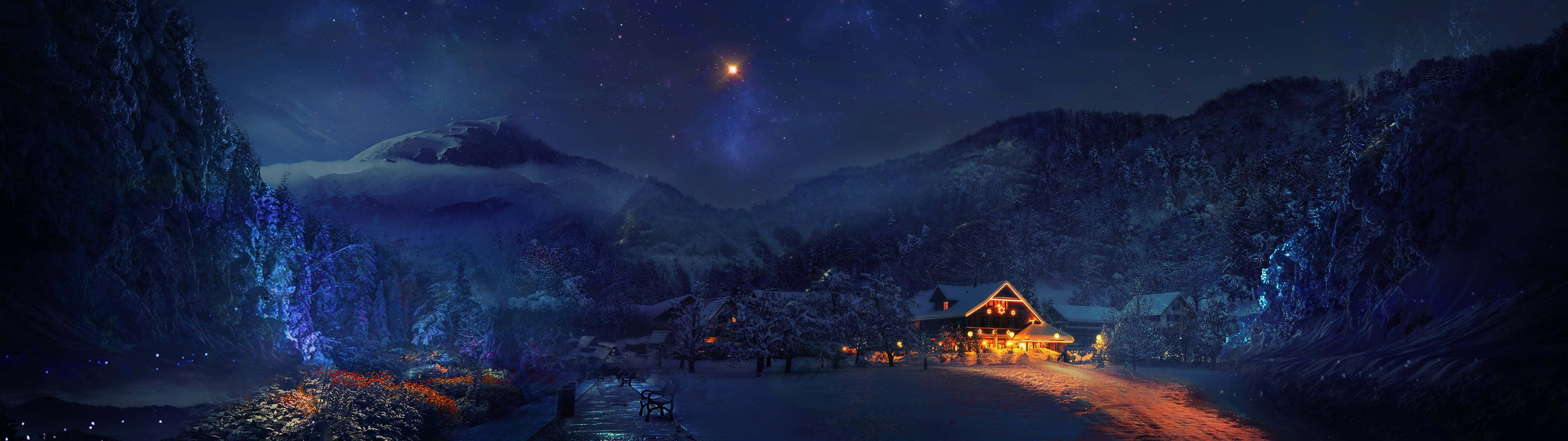 積雪的山間小屋在繁星點點的夜空下發光，伴有藍色發光樹木