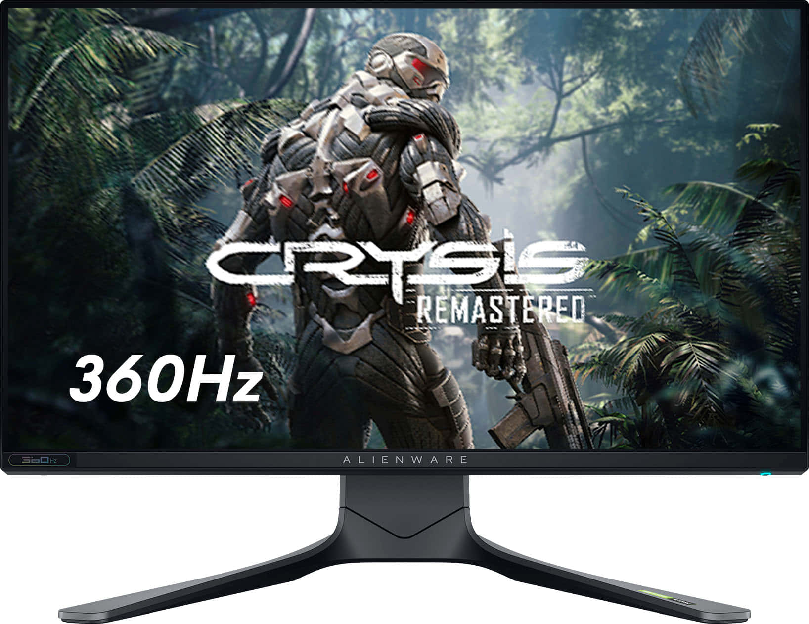 Alienware 顯示器顯示 Crysis Remastered 遊戲場景，士兵在叢林中。