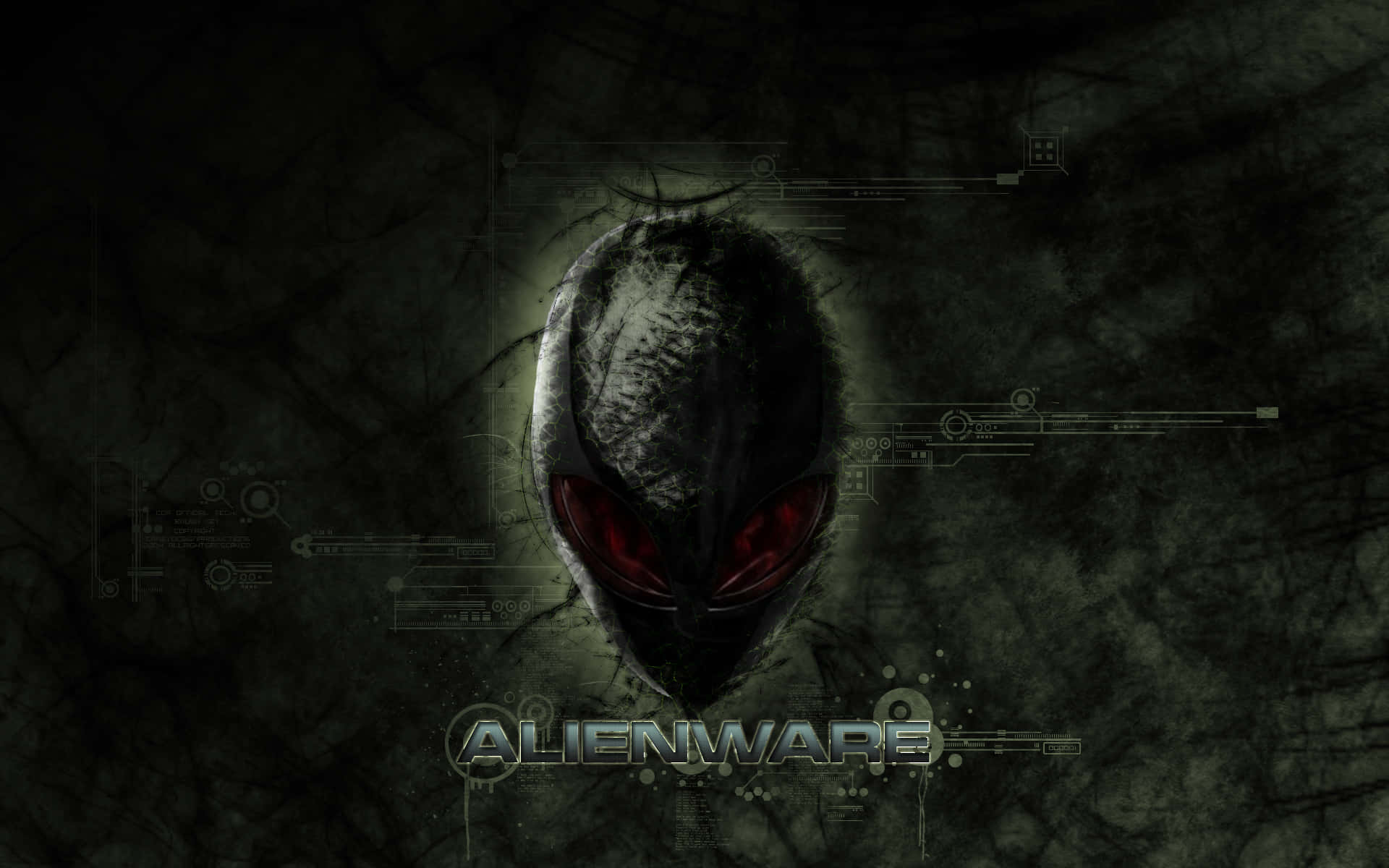 Alienware 標誌，在黑暗科技背景上帶有發光紅眼。