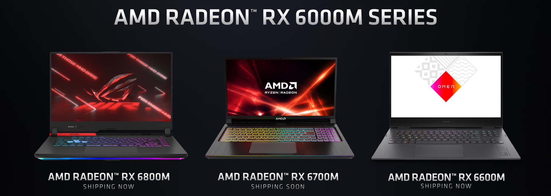 三部AMD Radeon RX 6000M系列遊戲筆記型電腦，帶有發光的鍵盤和螢幕，顯示產品品牌。