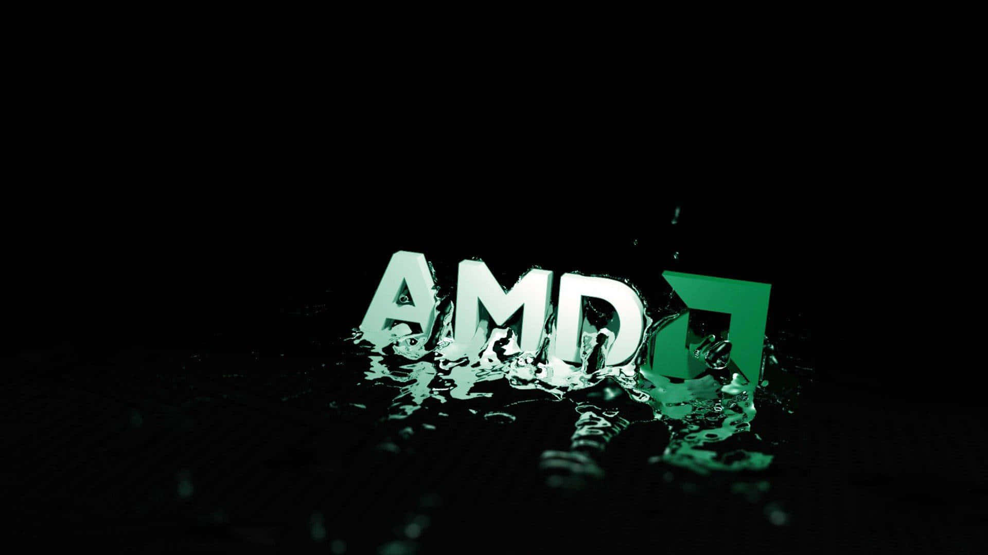 AMD 標誌部分浸入水中，帶有綠色和白色的高光。