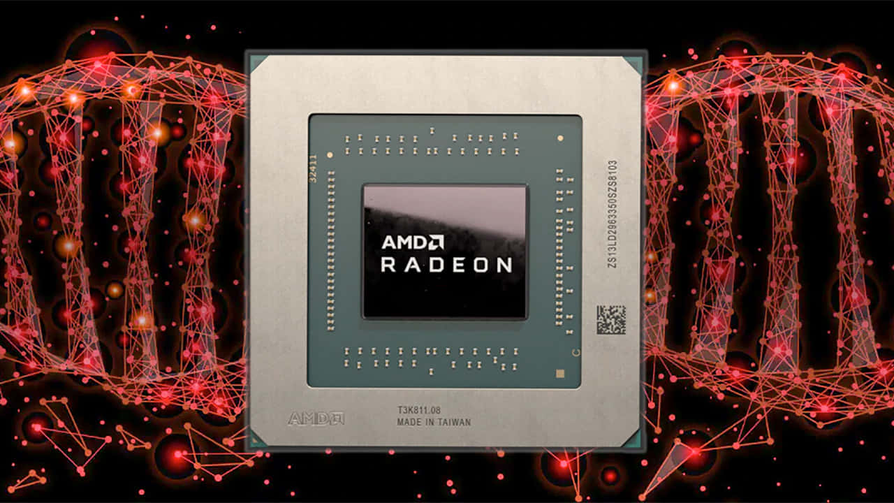 AMD Radeon GPU晶片被發光的紅色DNA結構包圍。