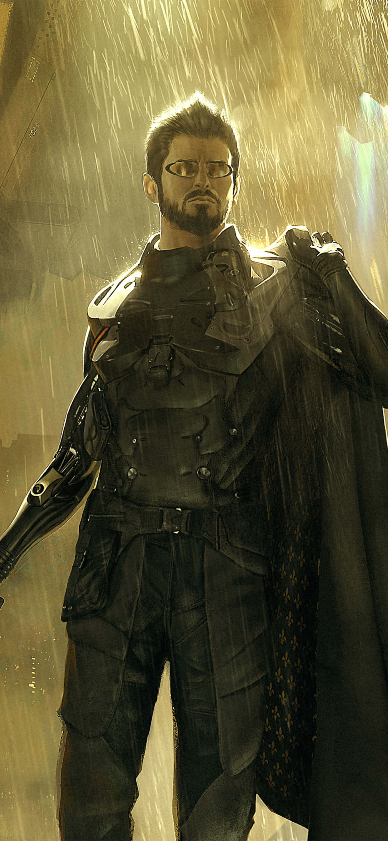 以 Android《Deus Ex：Mankind Divided》提升你的策略能力 壁紙 — 一個留鬍子的男人穿著未來風格的盔甲，在金色暴雨中堅定站立，斗篷飄揚，眼鏡下的眼神沉穩。